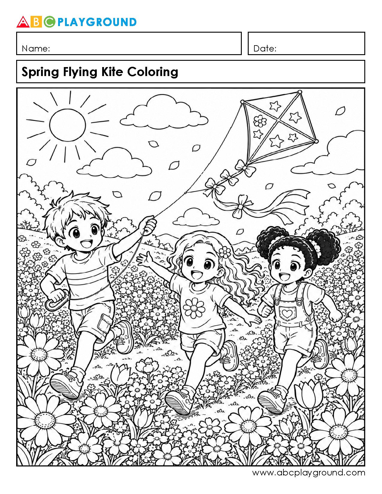 Spring Flying Kite Coloring Activity for Kids