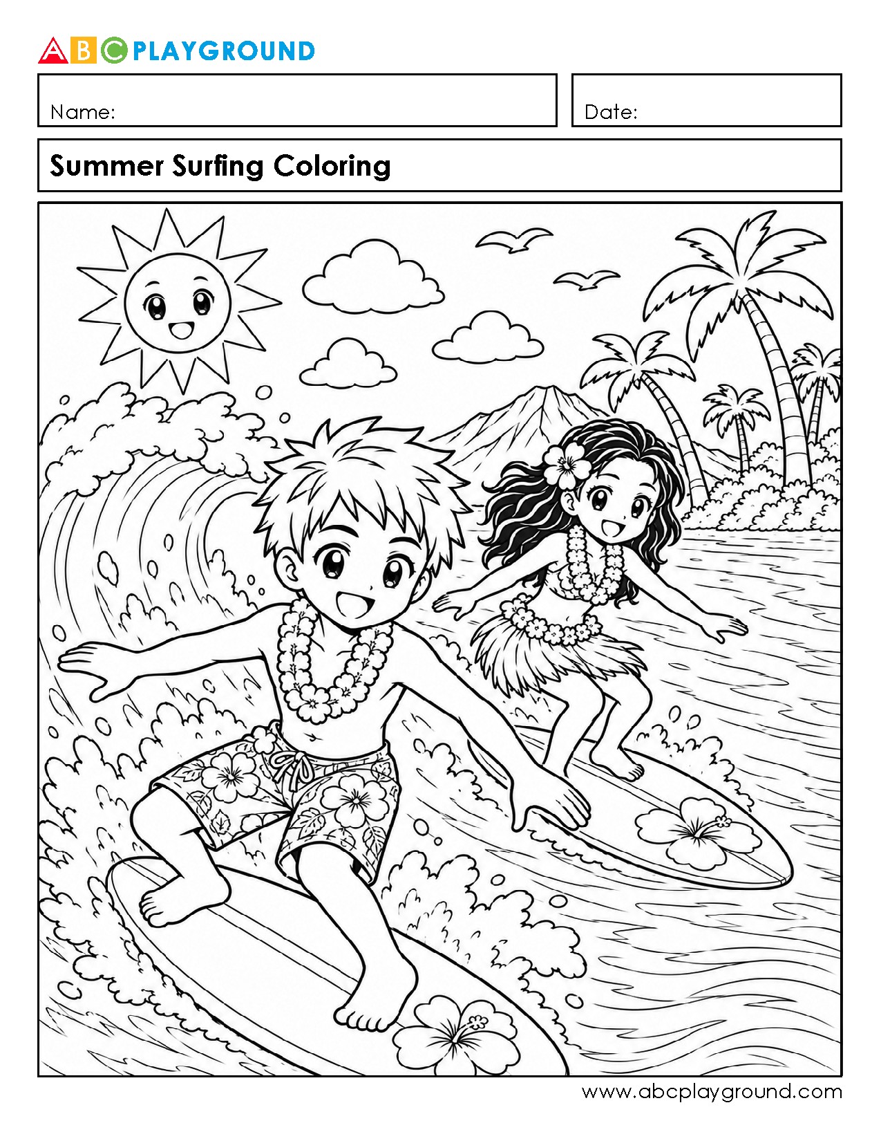 Summer Surfing Coloring Page for Creative Fun