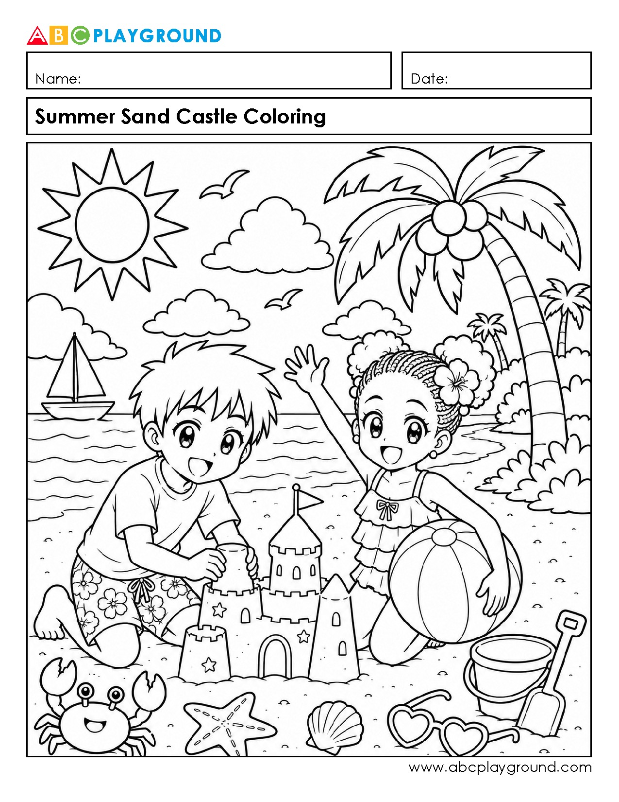 Fun Summer Sand Castle Coloring Page for Kids