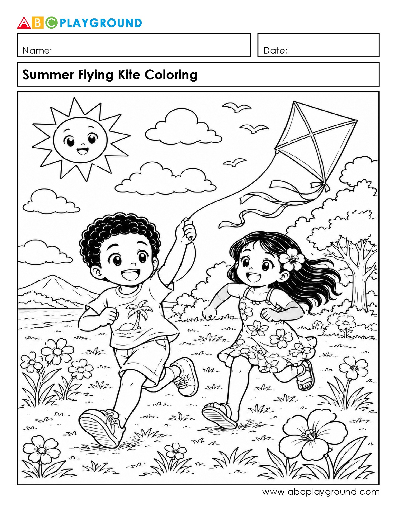 Summer Flying Kite Coloring Activity for Kids