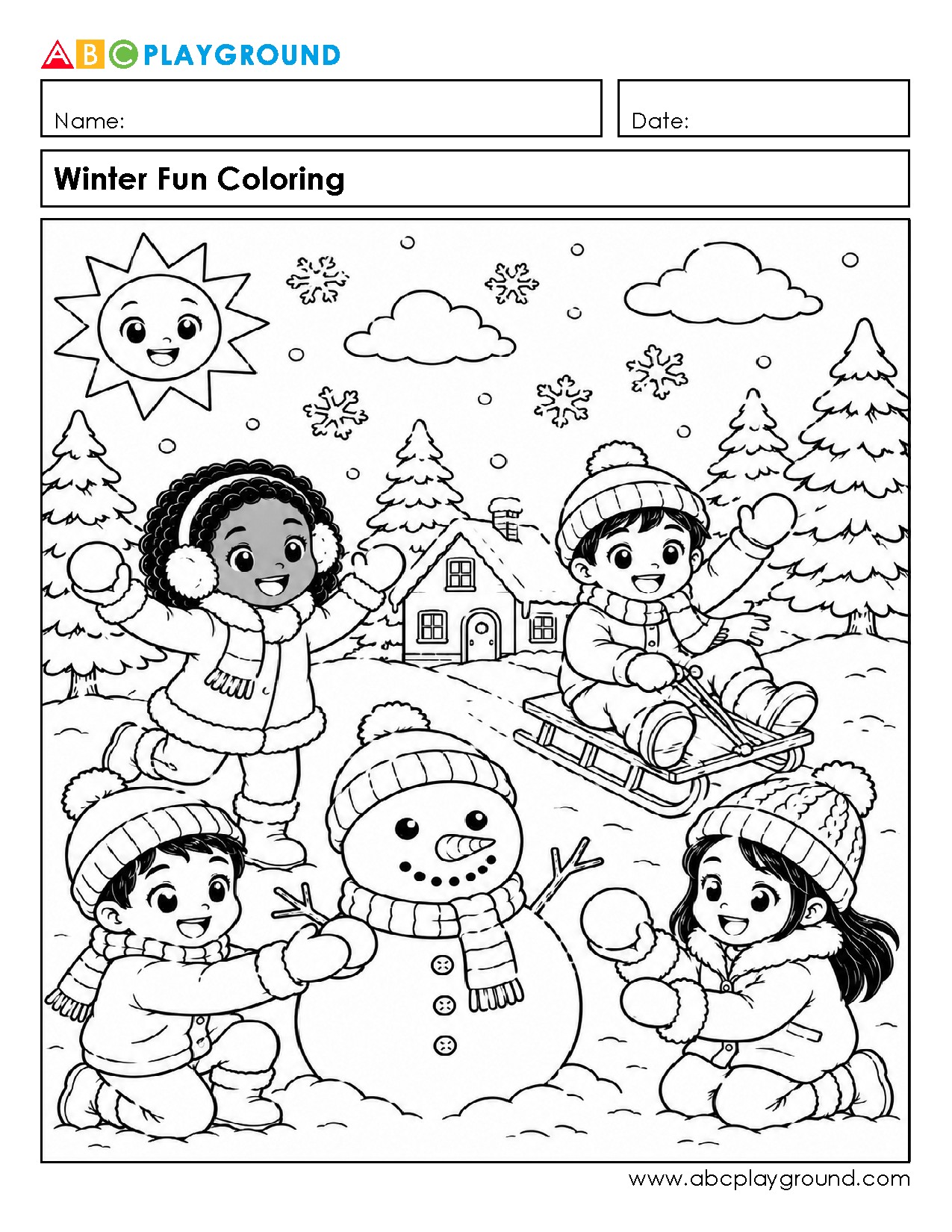 Winter Fun Coloring Page with Snowman and Kids