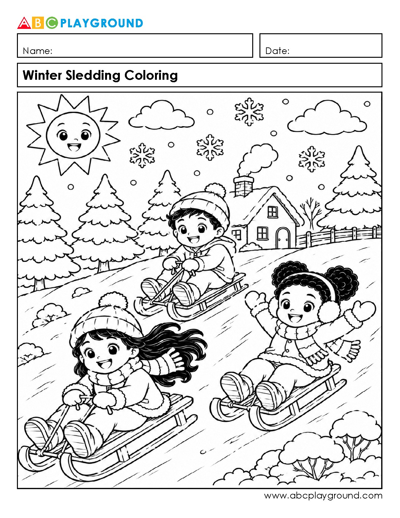 Winter Sledding Coloring Activity for Early Learners