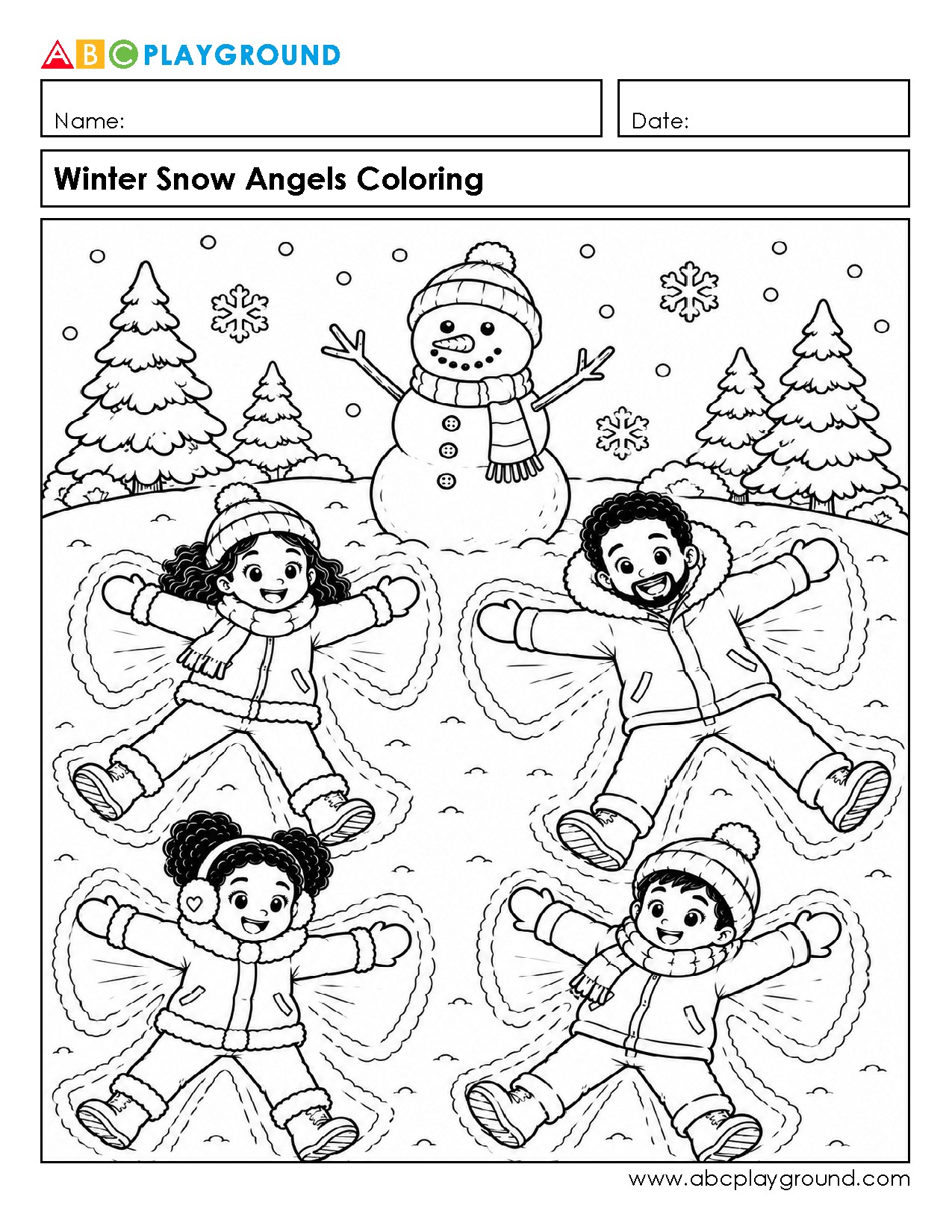 Winter Snow Angels Coloring Activity for Kids