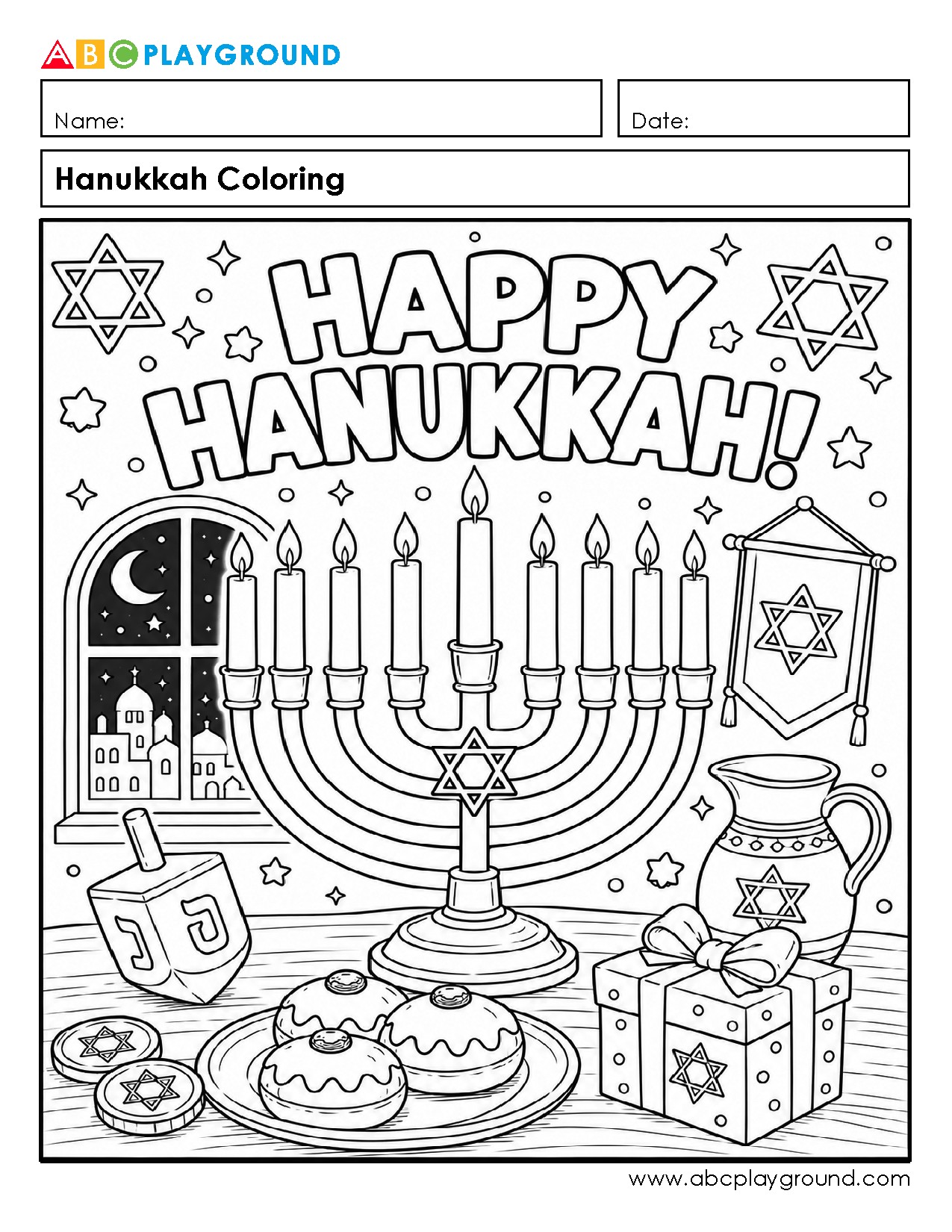Hanukkah Coloring Page with Menorah and Dreidel