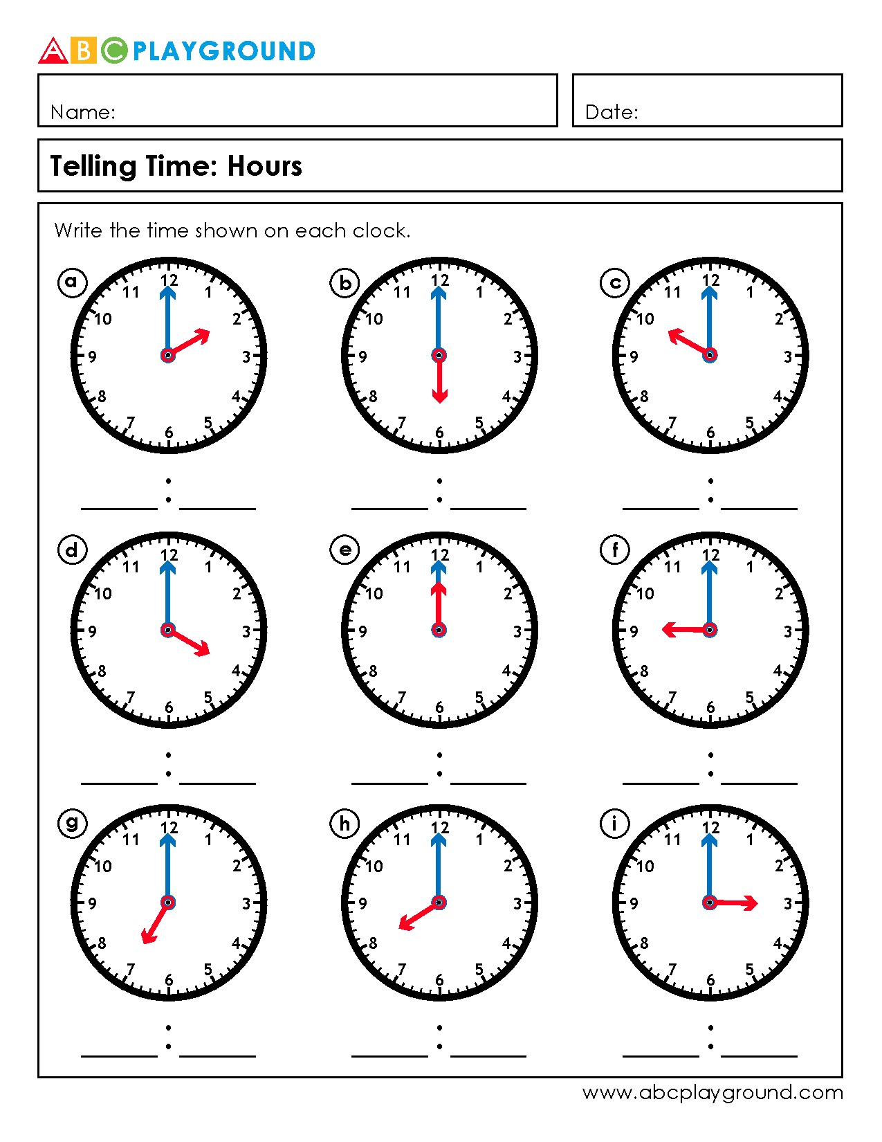 Telling Time Worksheets for Hours Practice