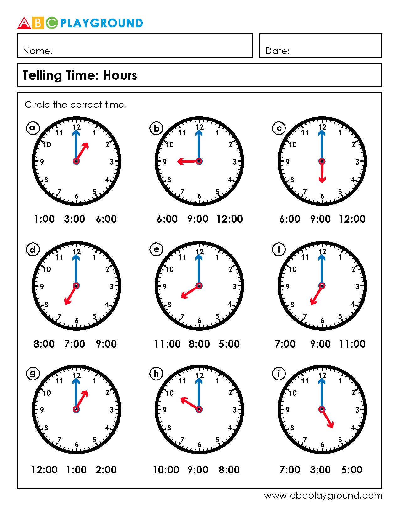 Telling Time to the Hour Practice Worksheet