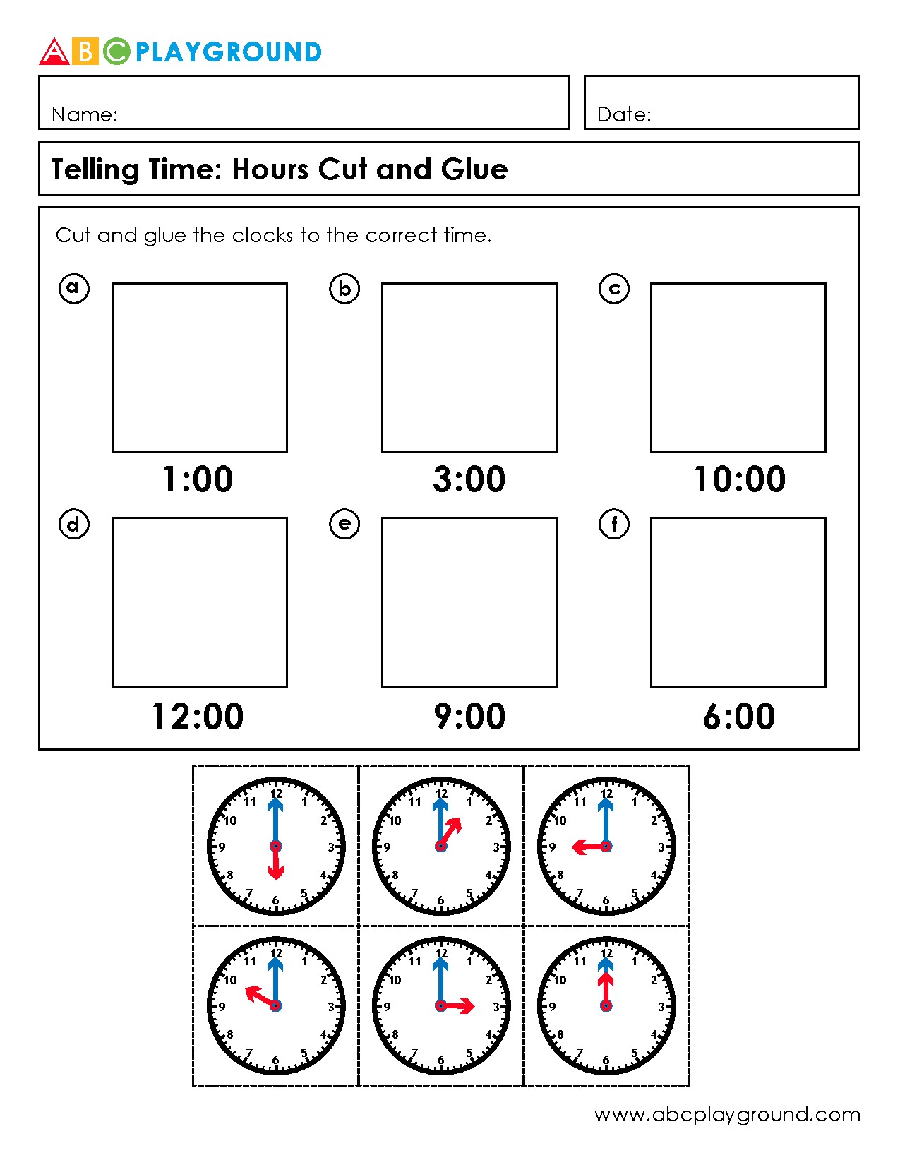 Telling Time Cut and Glue Activity for Clock Hours