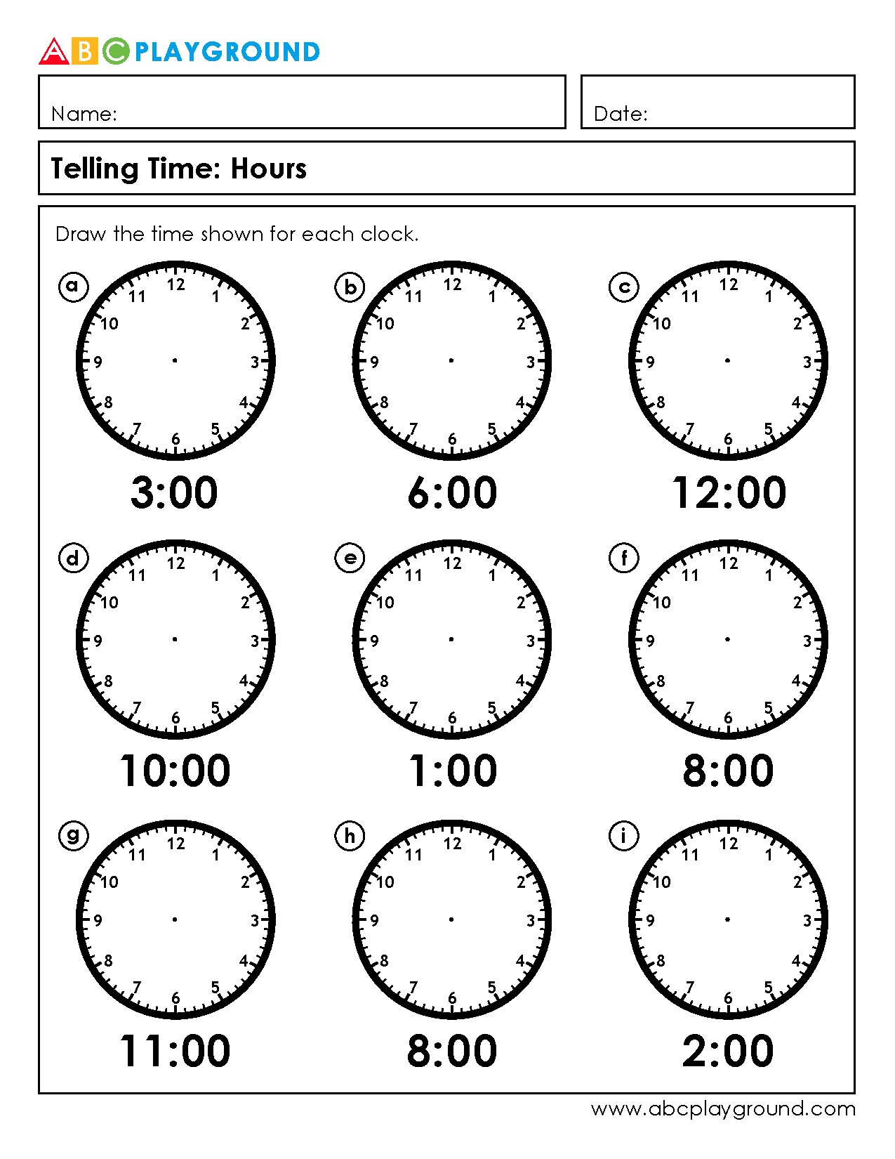 Telling Time to the Hour Worksheet with Clocks