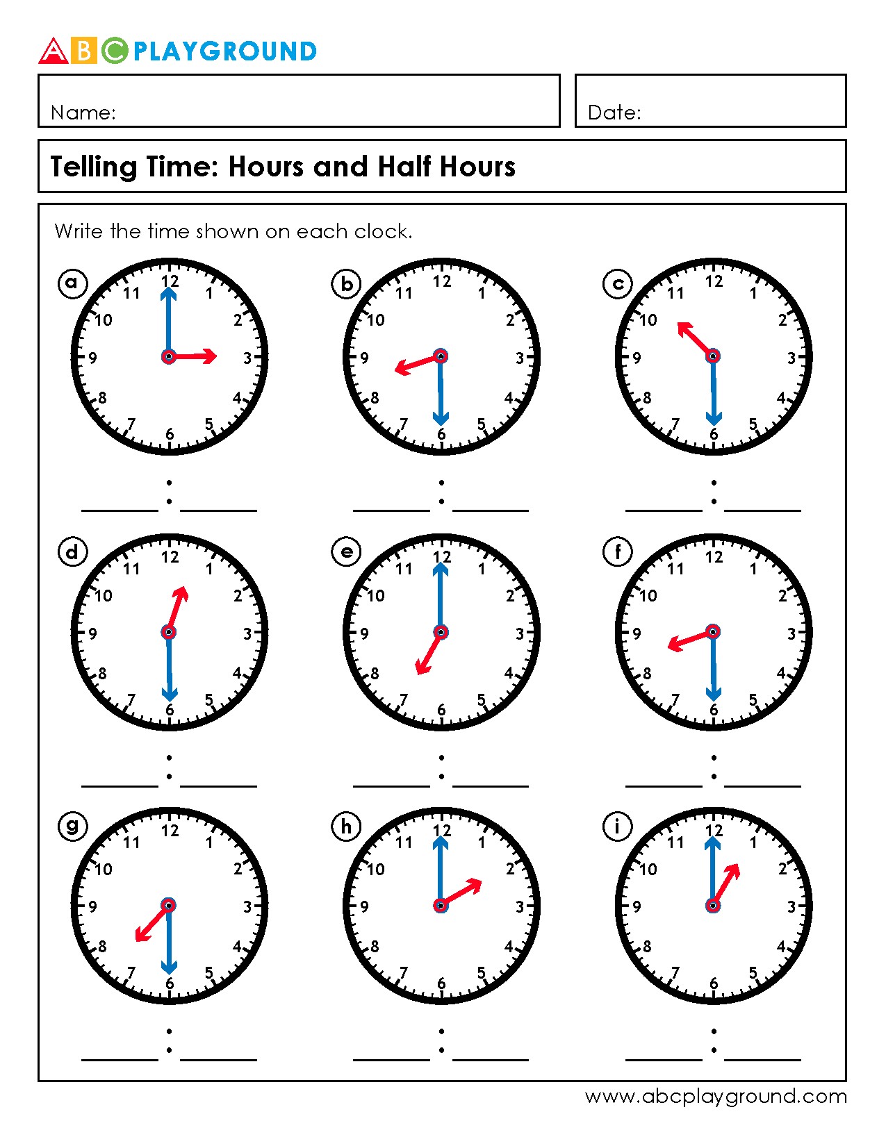 Telling Time Worksheets for Hours and Half Hours