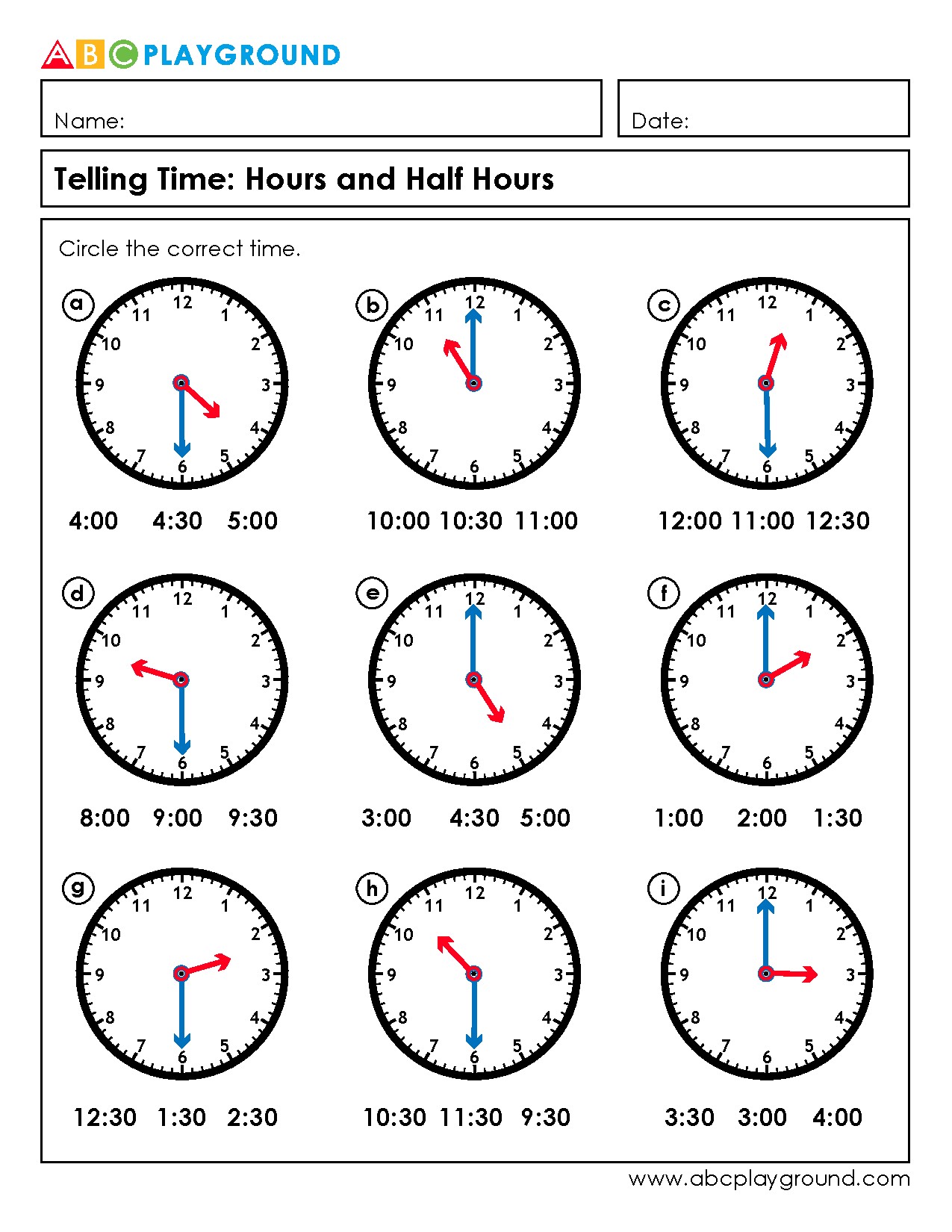 Telling Time Practice: Hours and Half Hours Worksheets
