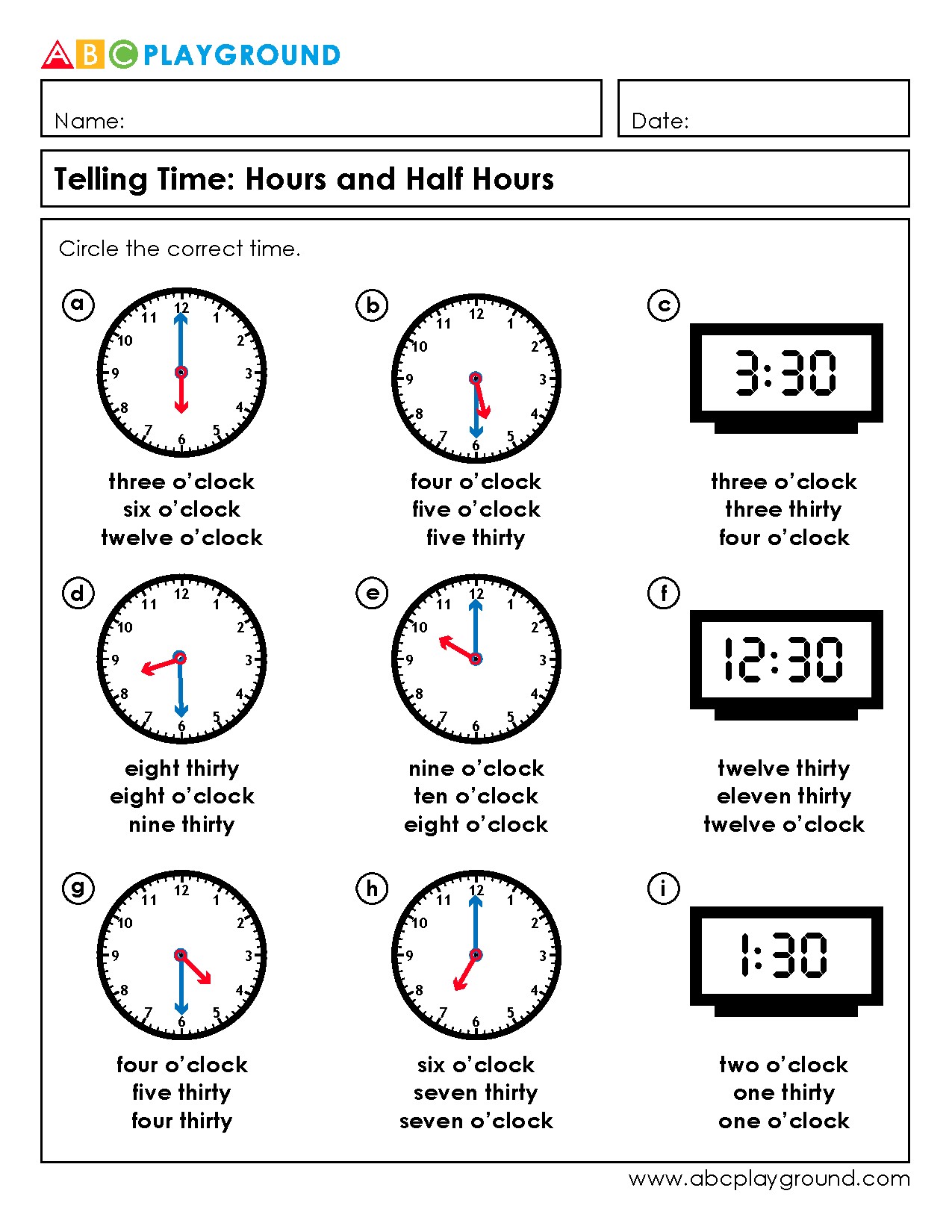 Telling Time Worksheets for Hours and Half Hours Practice