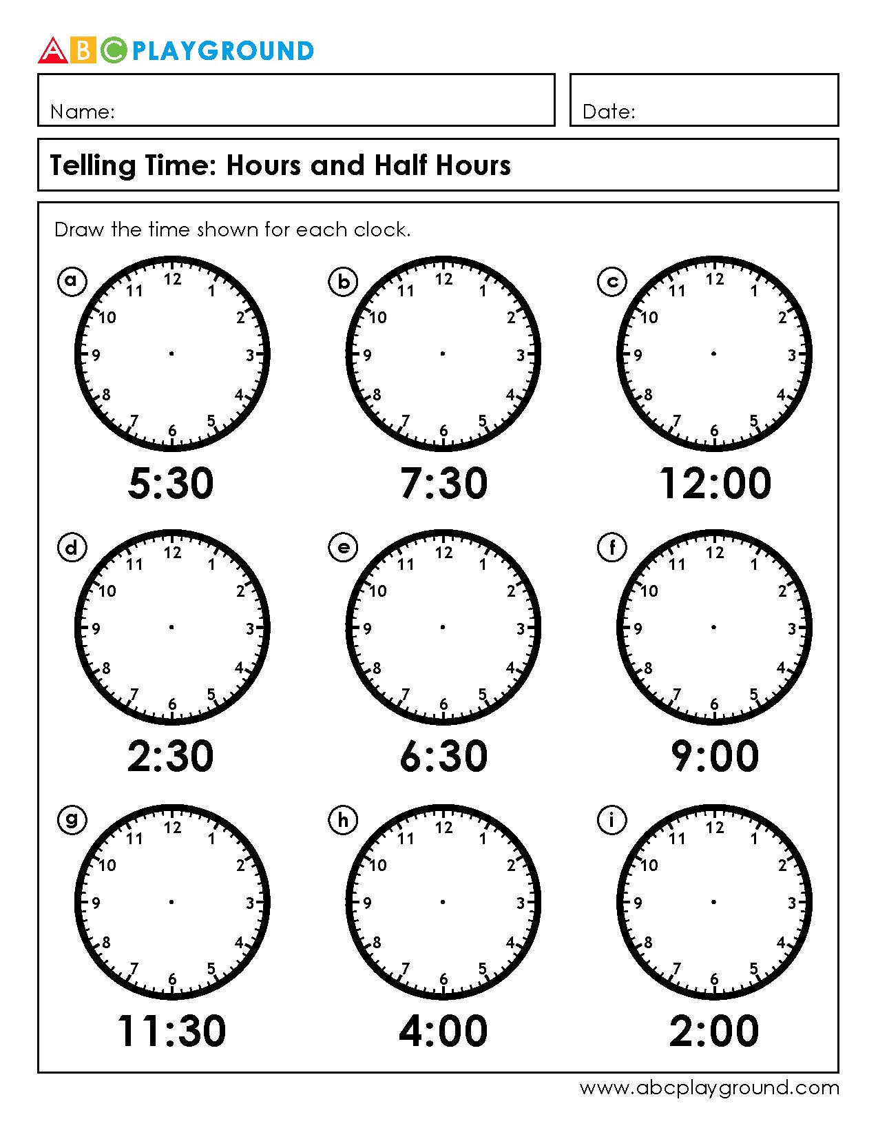 Printable Telling Time Worksheets for Hours and Half Hours