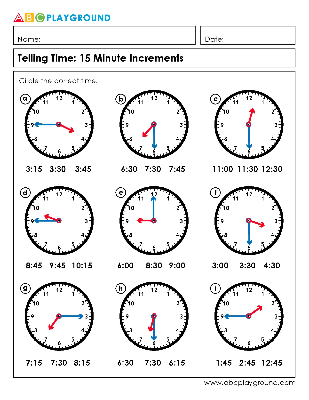 Practice Telling Time in 15 Minute Increments