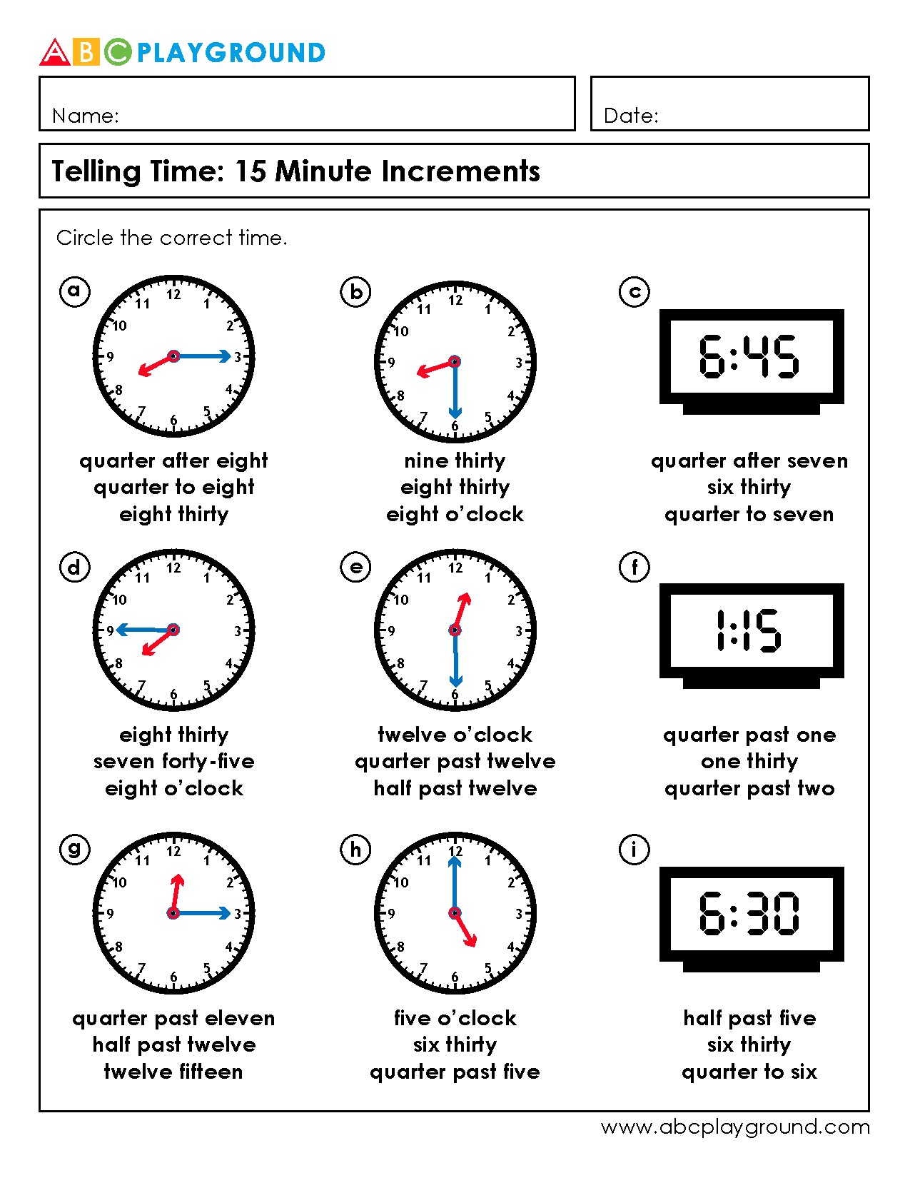 Telling Time Practice with 15 Minute Increments