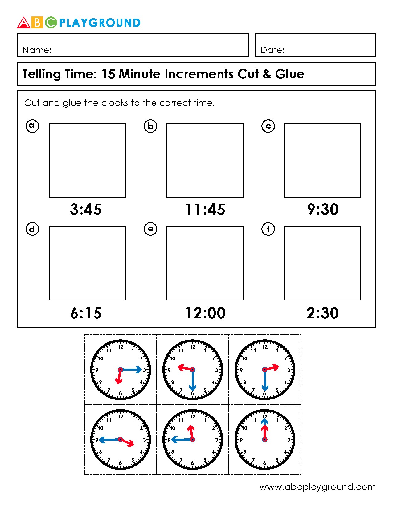 Cut & Glue Activity for Telling Time in 15 Minute Increments