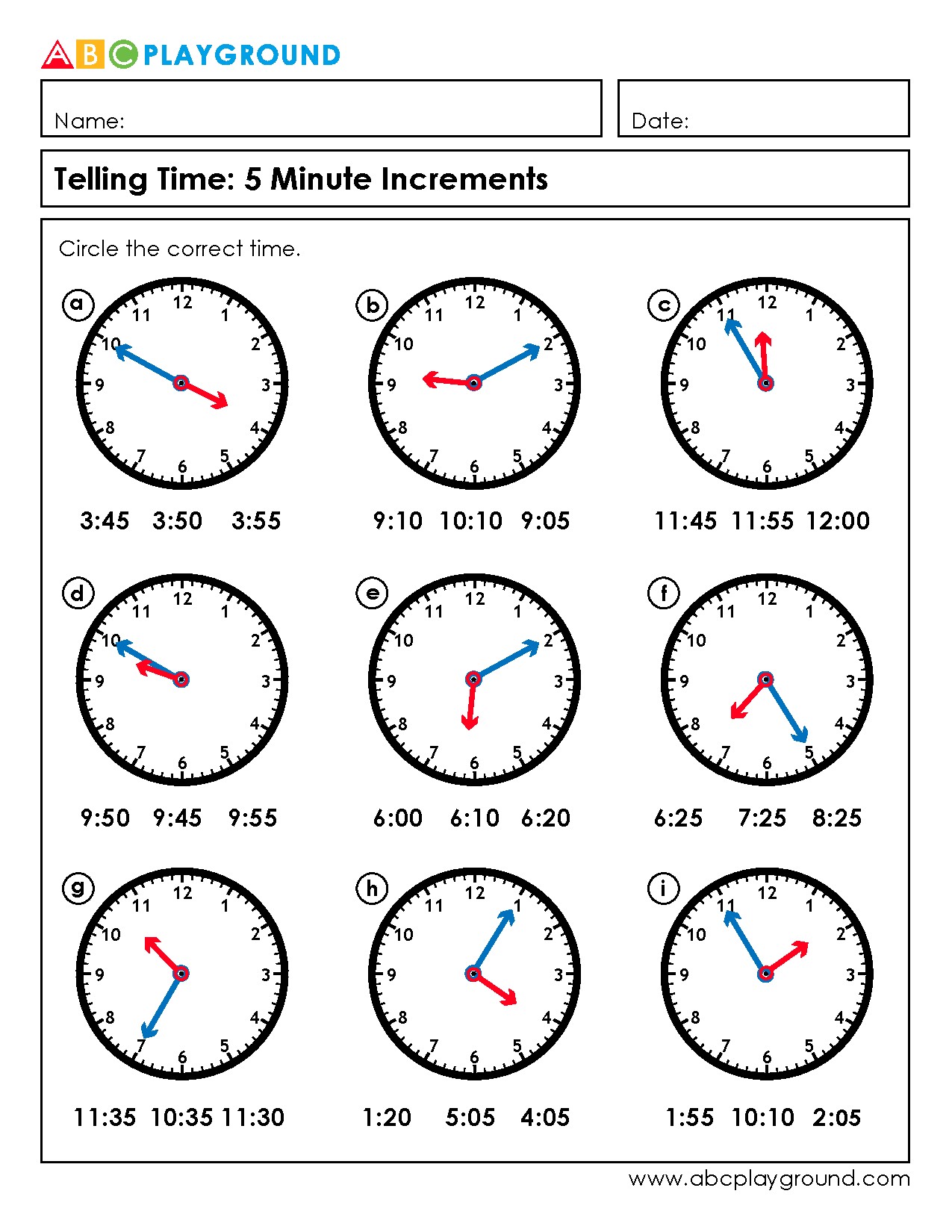 Practice Telling Time to 5 Minute Increments