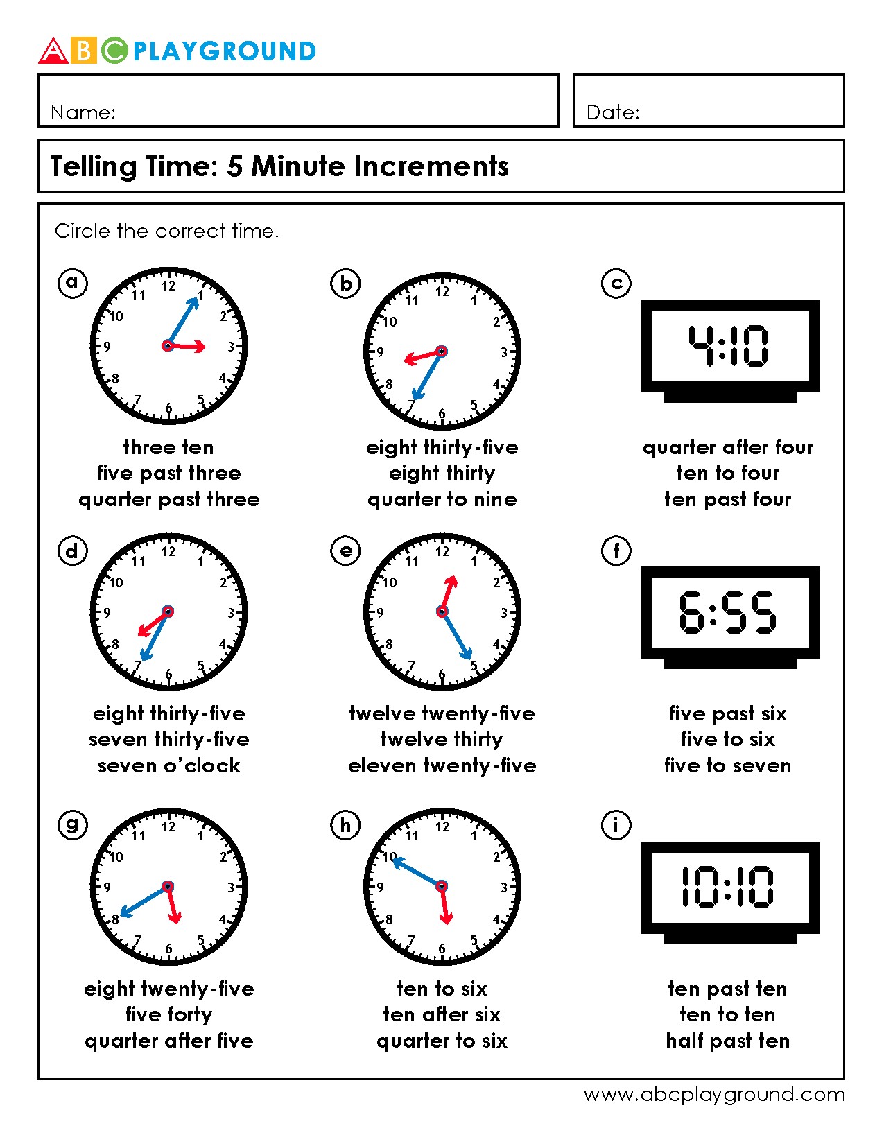 Telling Time in 5 Minute Increments Practice Worksheet