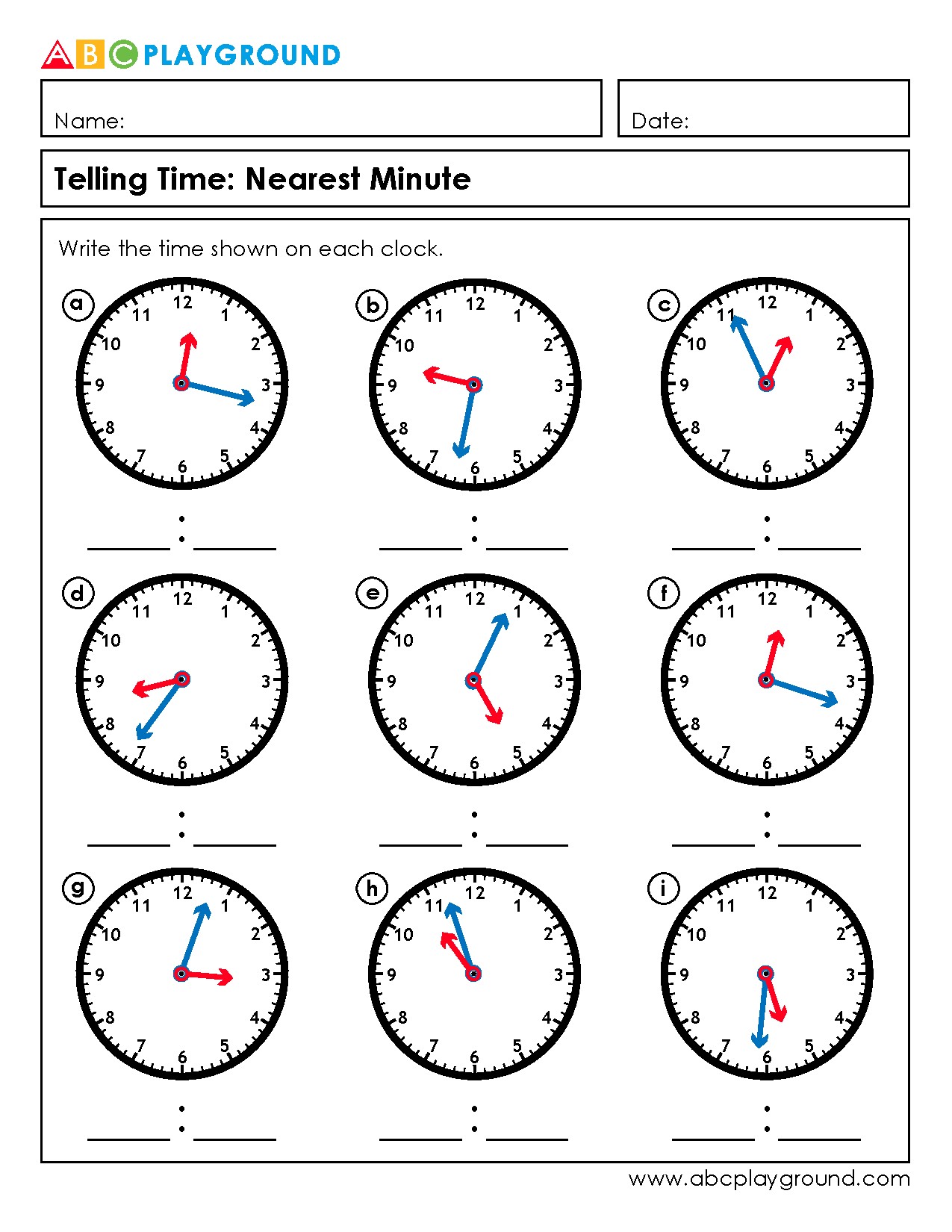 Telling Time to the Nearest Minute Practice Worksheet
