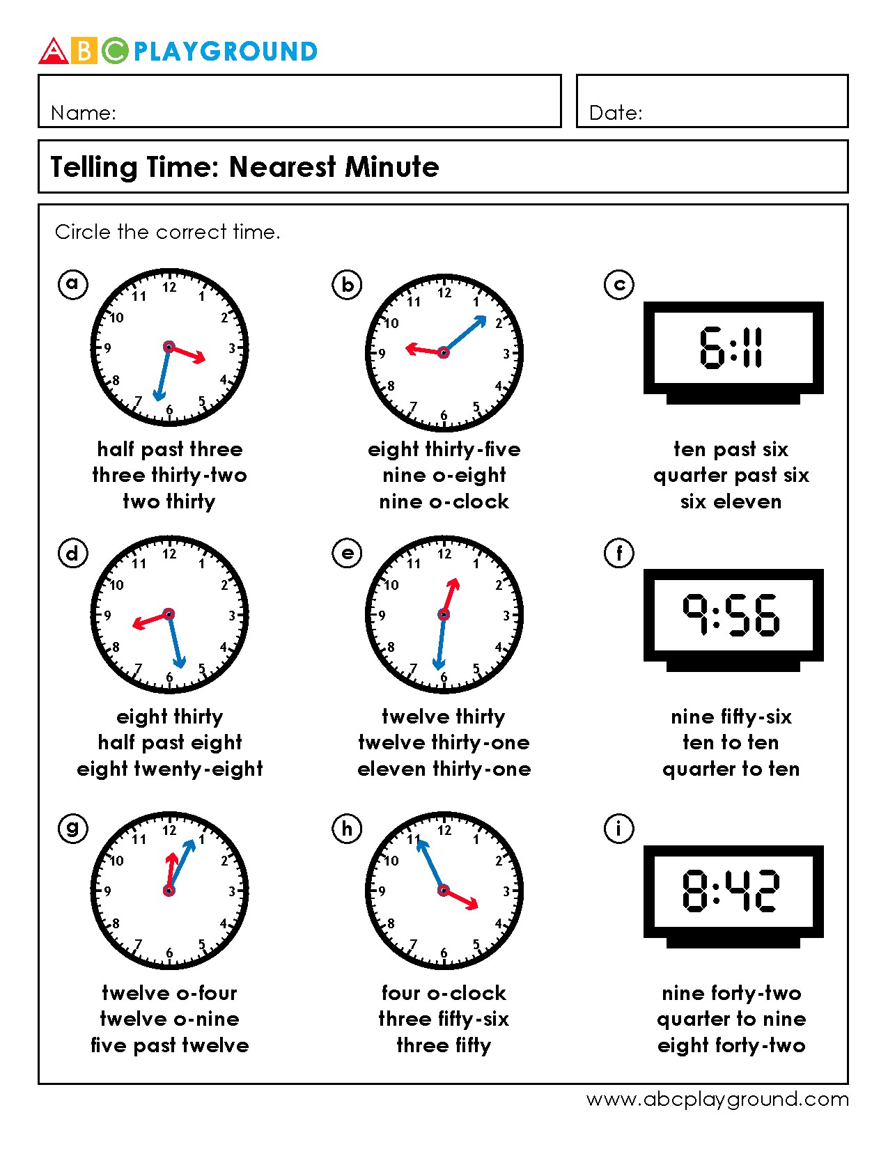 Telling Time to the Nearest Minute Worksheet