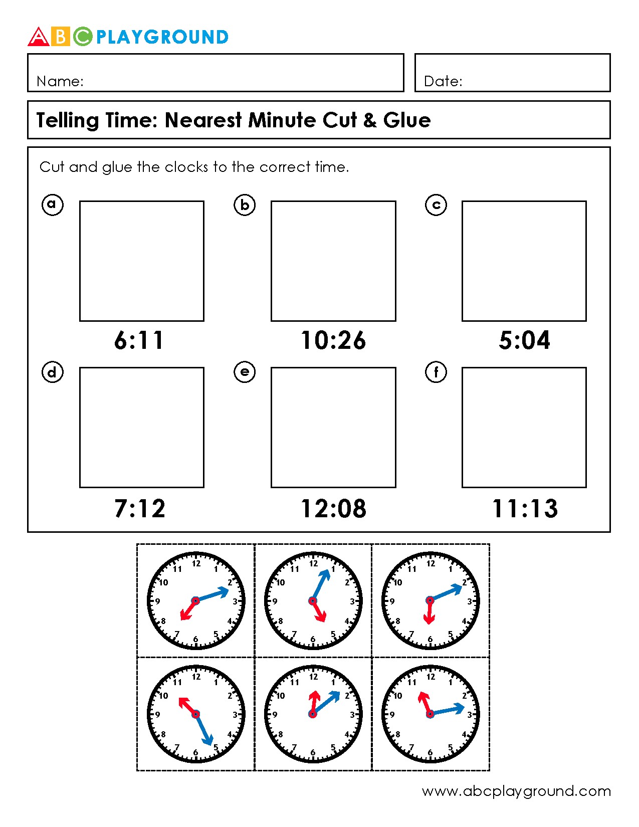 Telling Time to the Nearest Minute Cut and Glue Activity
