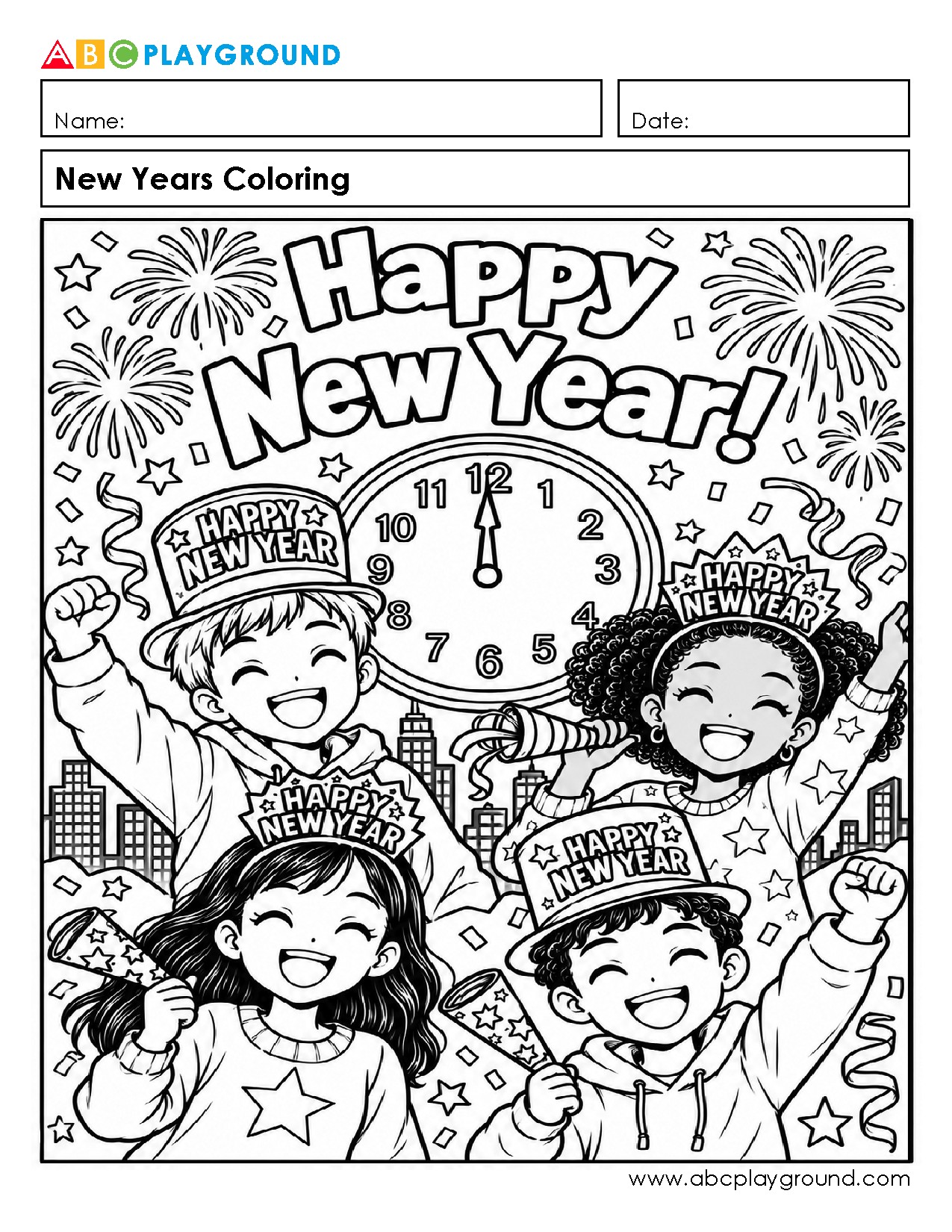 Happy New Year Coloring Page for Kids