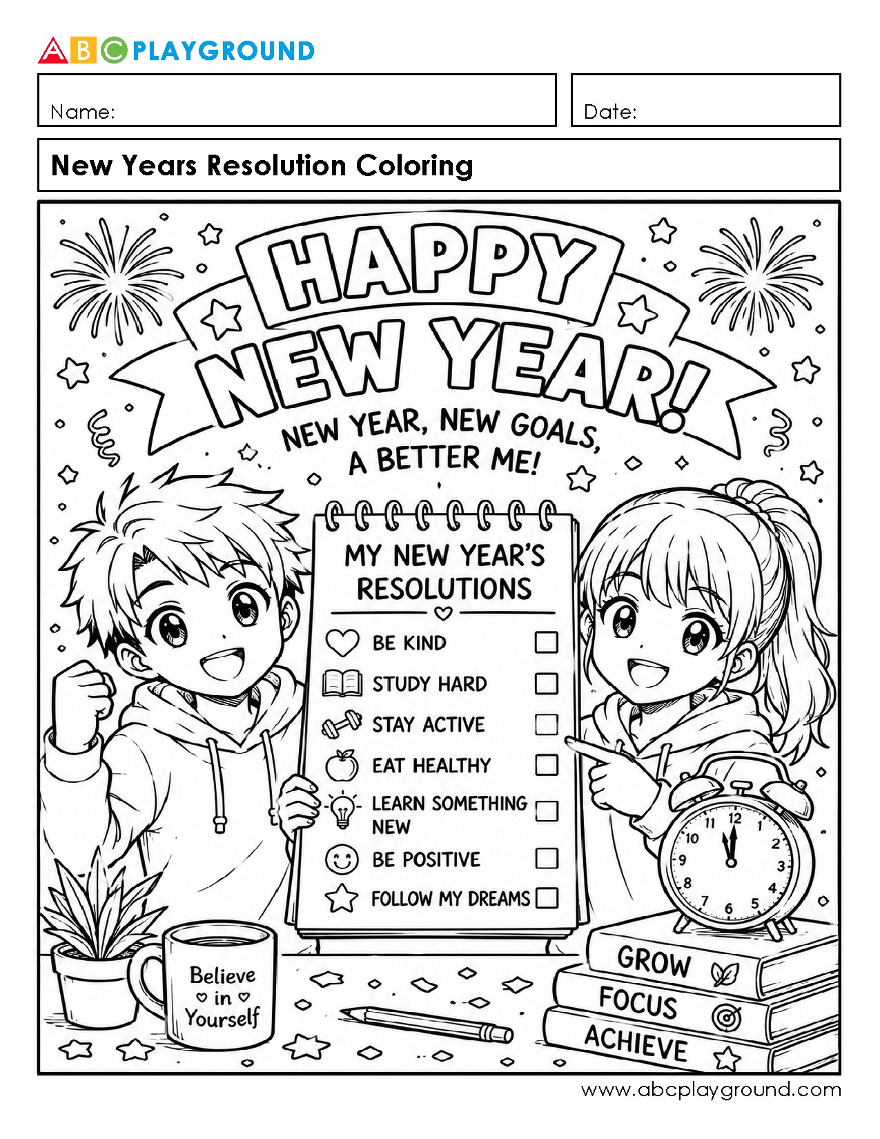 New Year’s Resolution Coloring Activity for Kids
