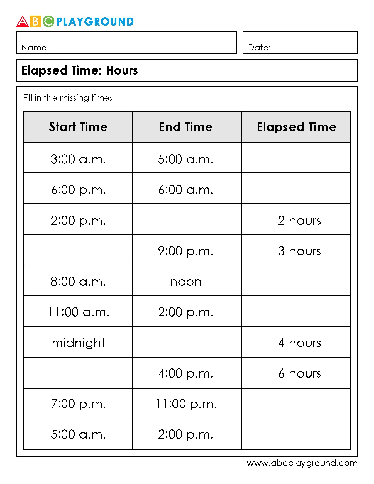 Elapsed Time Worksheets for Practice with Hours