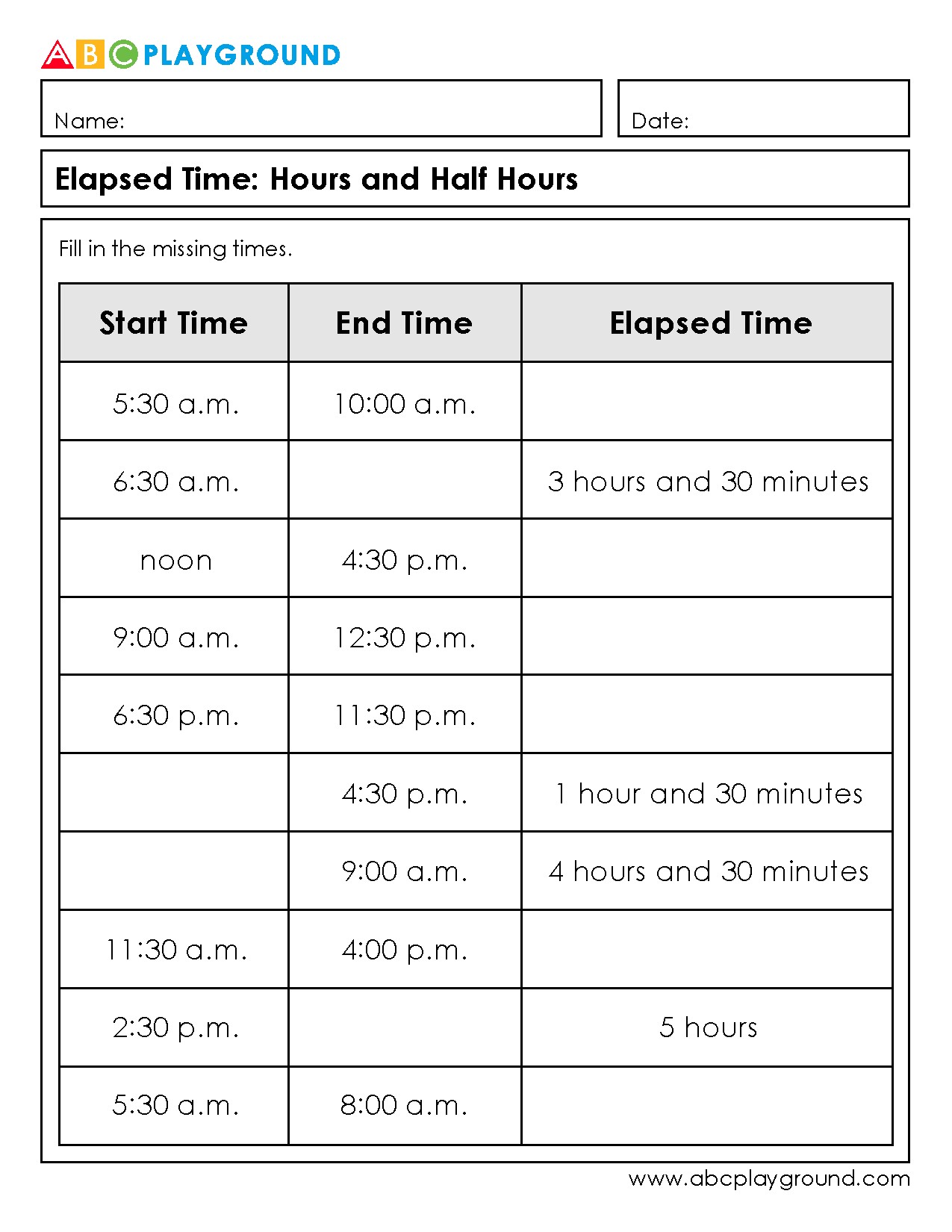 Elapsed Time Worksheets for Hours and Half Hours Practice
