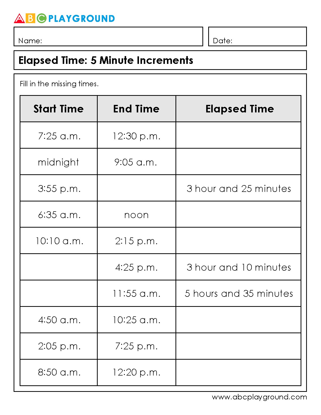 Practice Calculating Elapsed Time in 5-Minute Increments