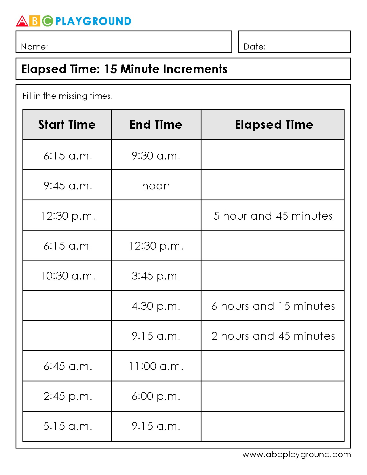 Elapsed Time Worksheets with 15-Minute Increments Practice
