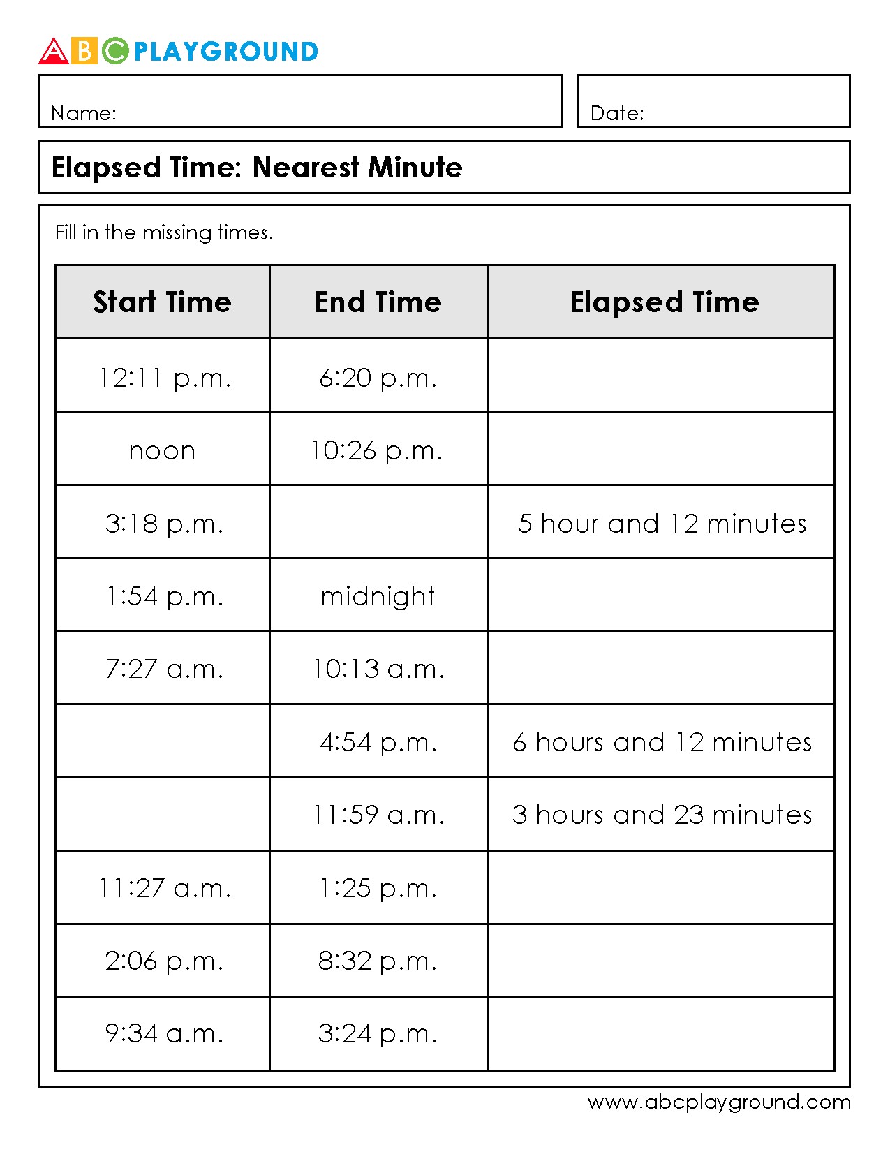Elapsed Time Worksheets: Calculate Start, End, and Duration Times