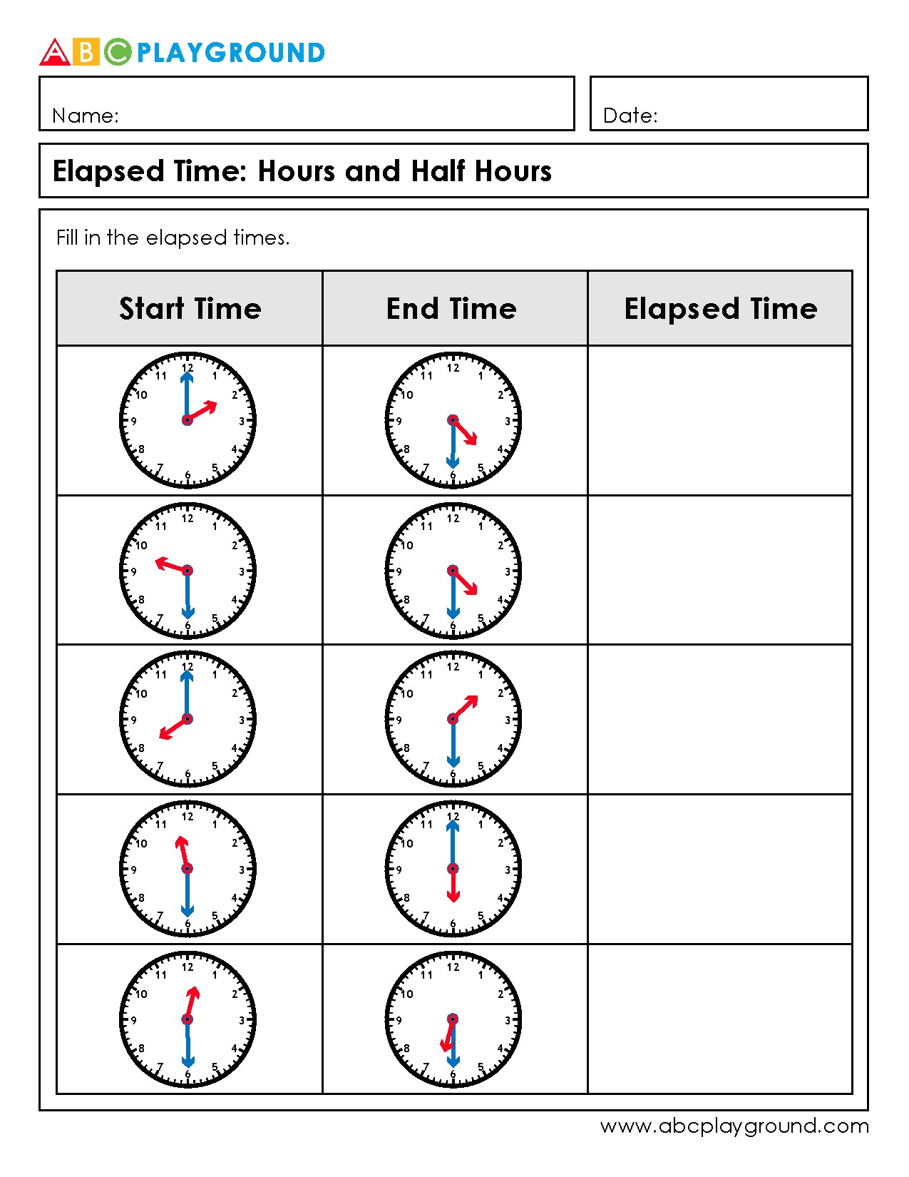 Elapsed Time Worksheets for Hours and Half Hours