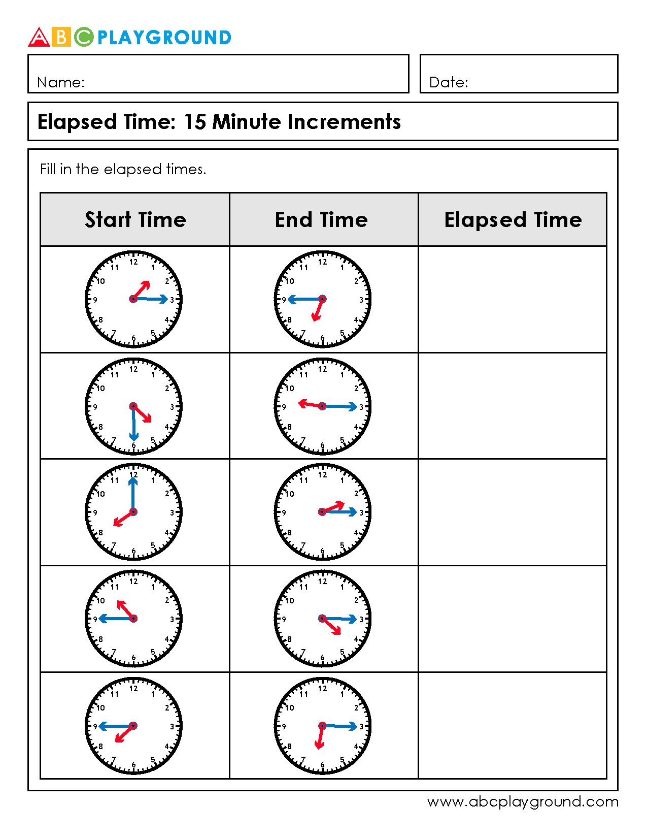 Elapsed Time Worksheet with 15-Minute Increments