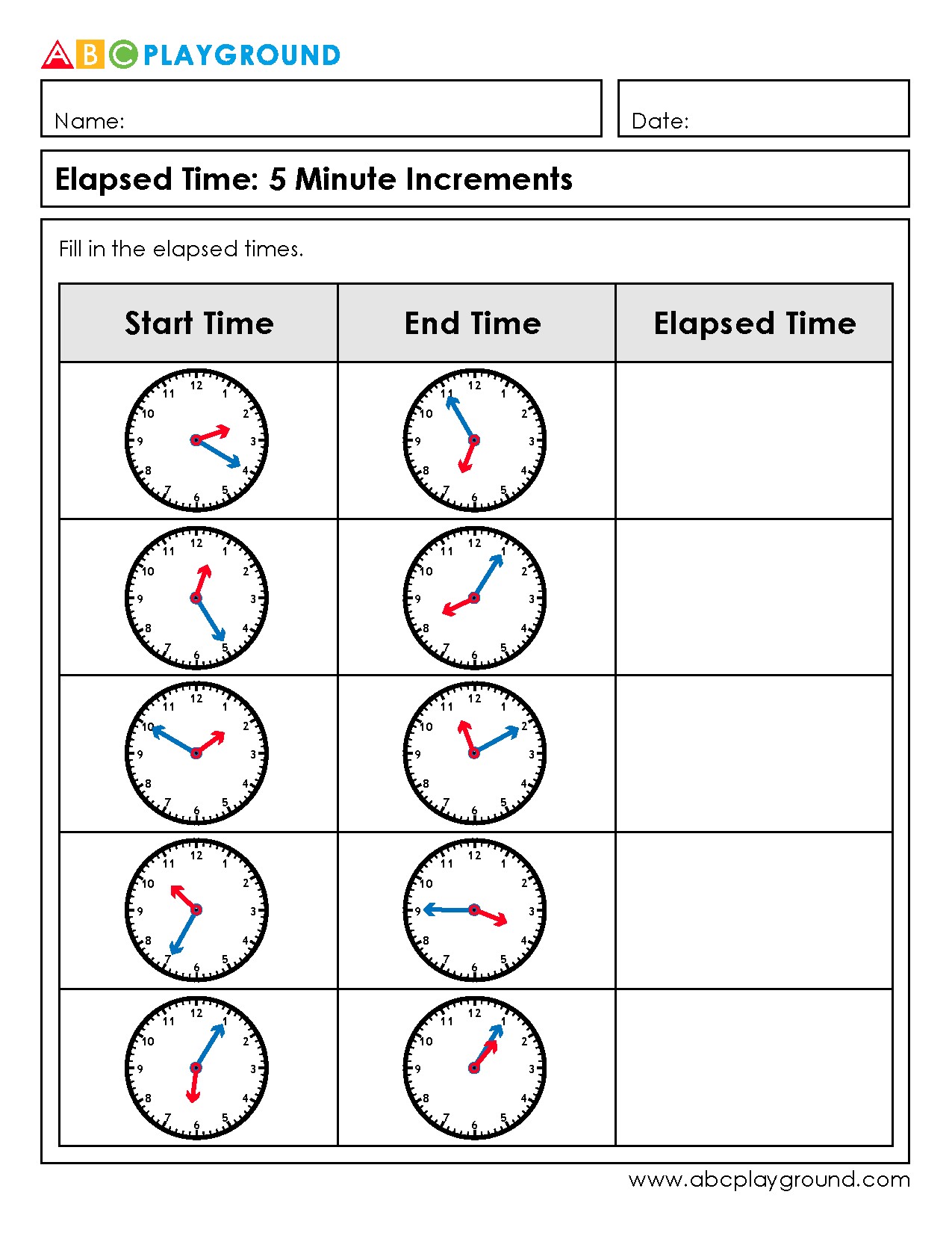 Elapsed Time Practice Worksheets with 5 Minute Increments