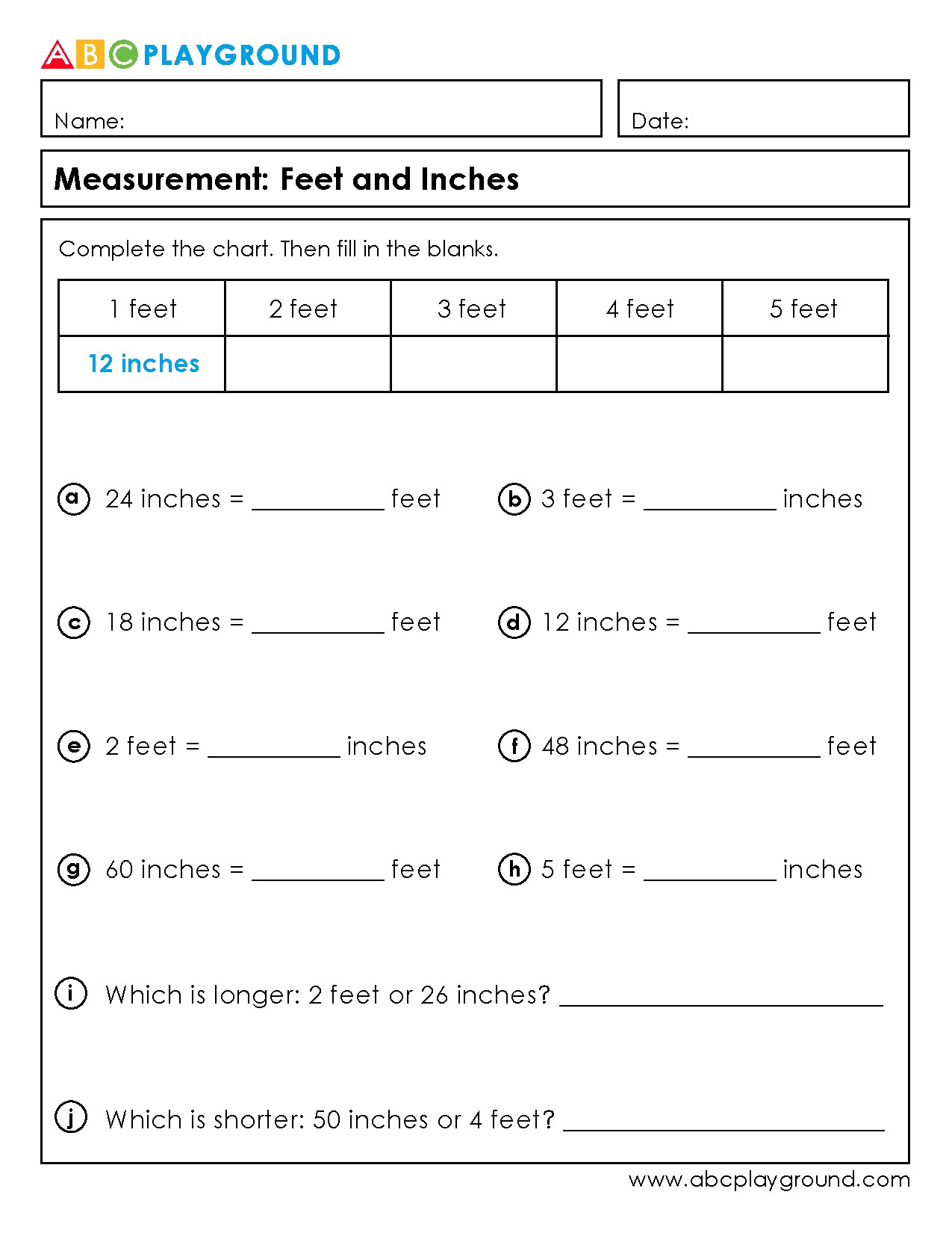 Understanding Measurement Using Feet and Inches Worksheet