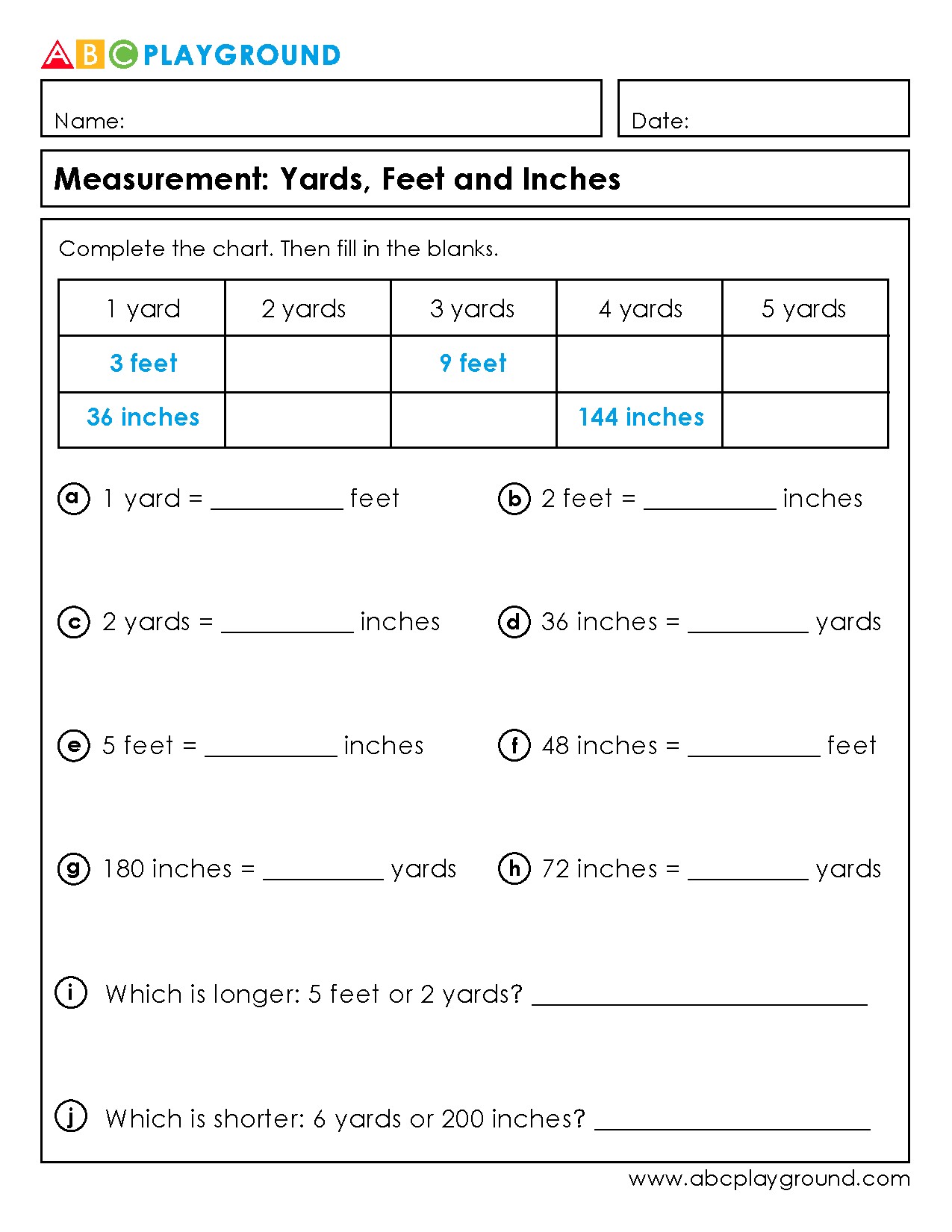 Measurement Worksheets on Yards, Feet, and Inches Conversion