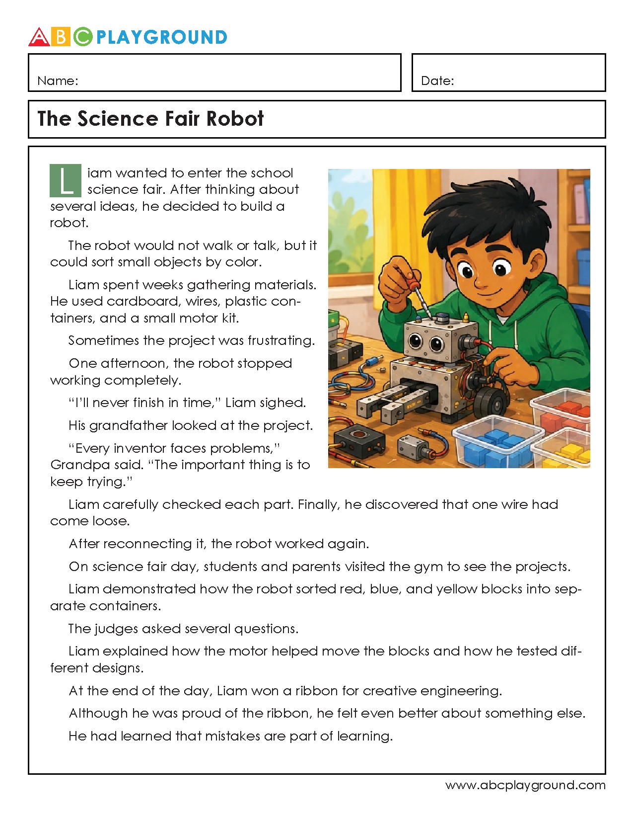 Science Fair Robot Story and Comprehension Worksheet