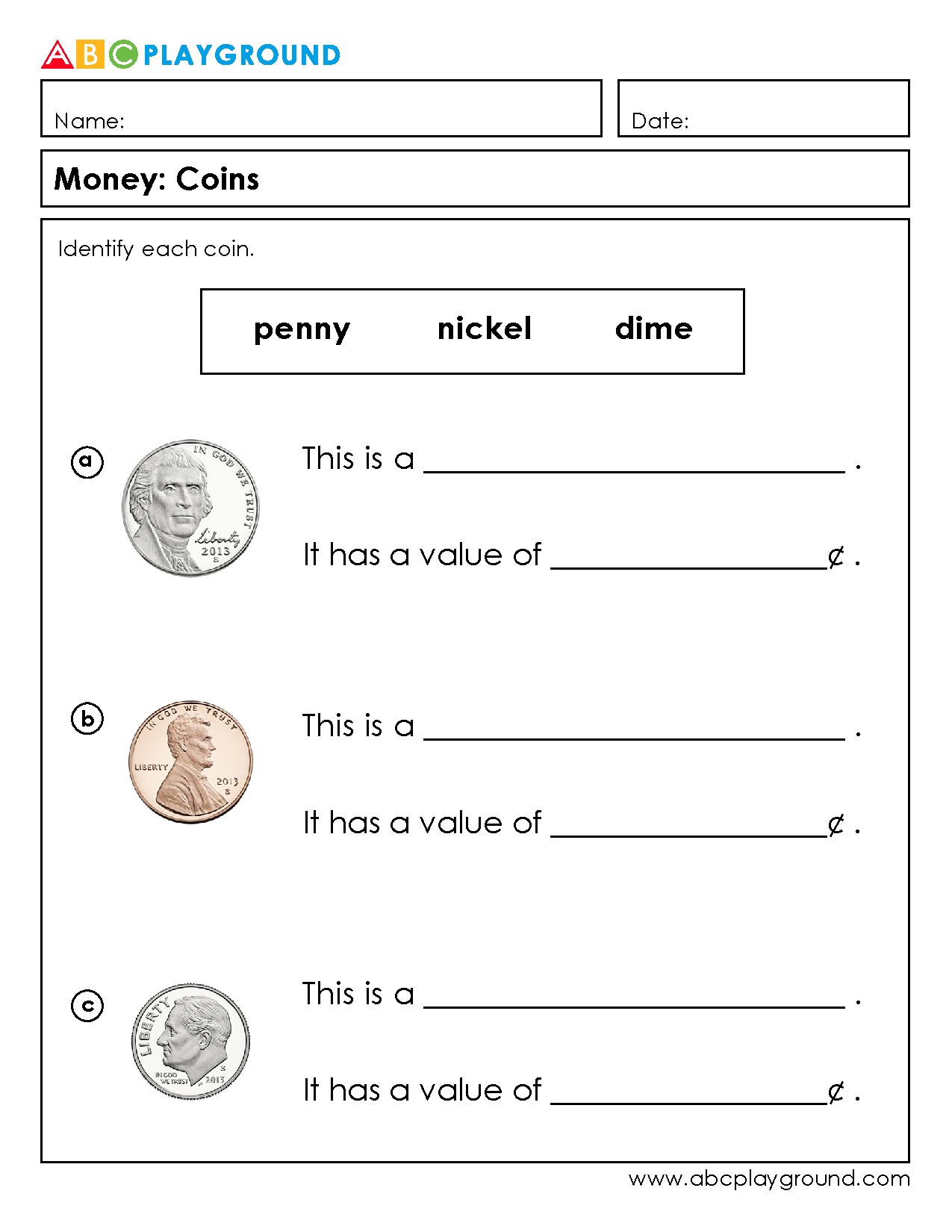 Identify Coins and Their Values Worksheet
