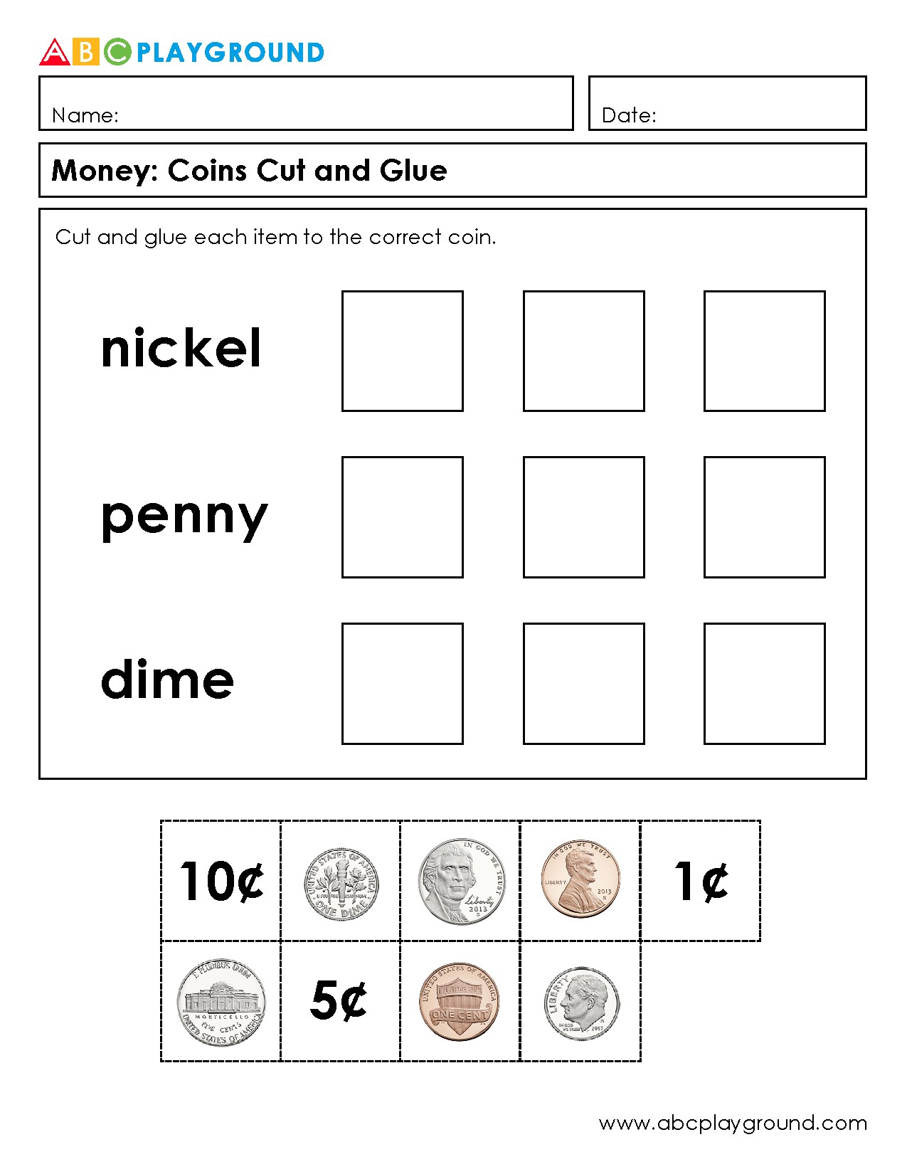 Cut and Glue Activity to Identify Coins