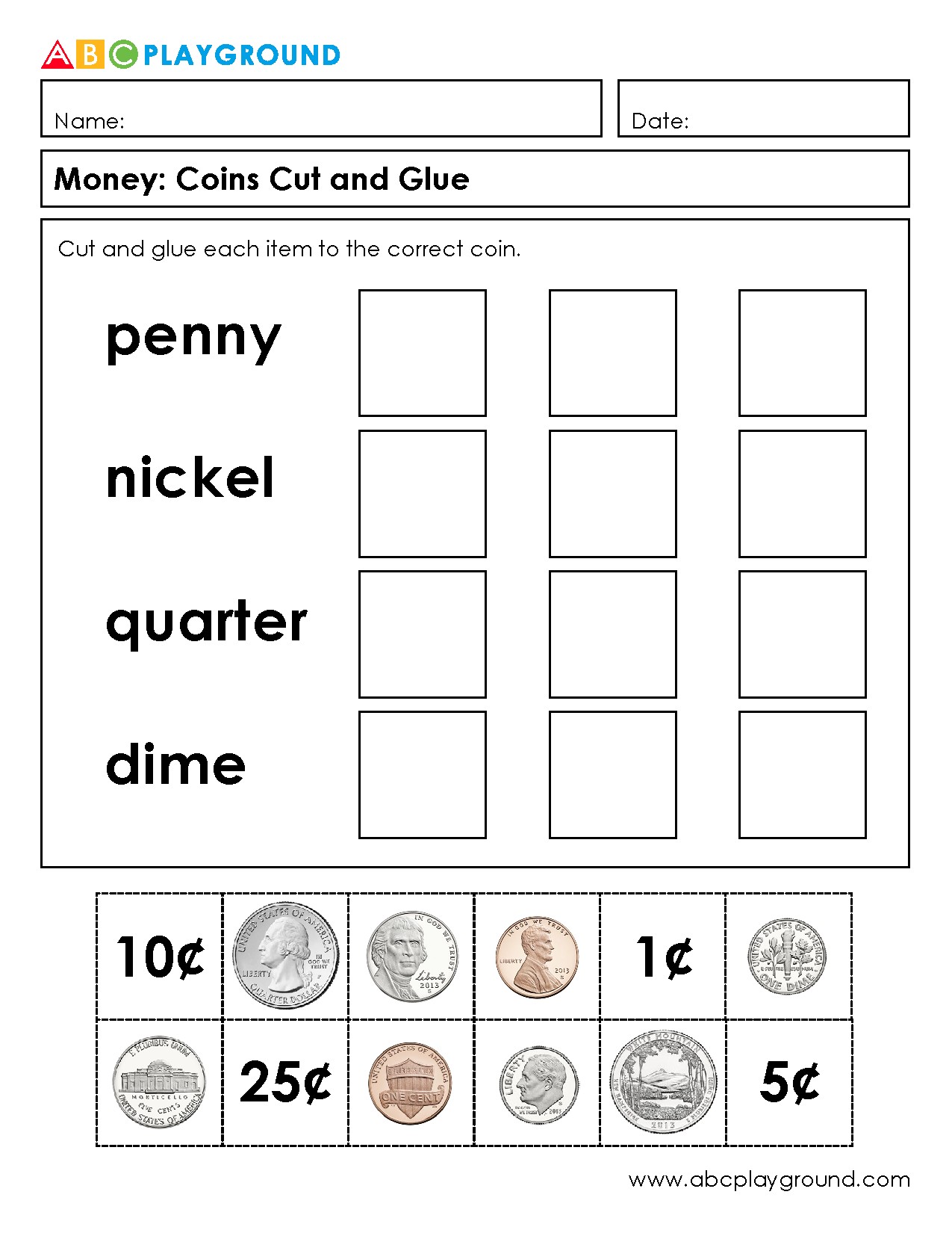 Cut and Glue Money Coins Matching Activity