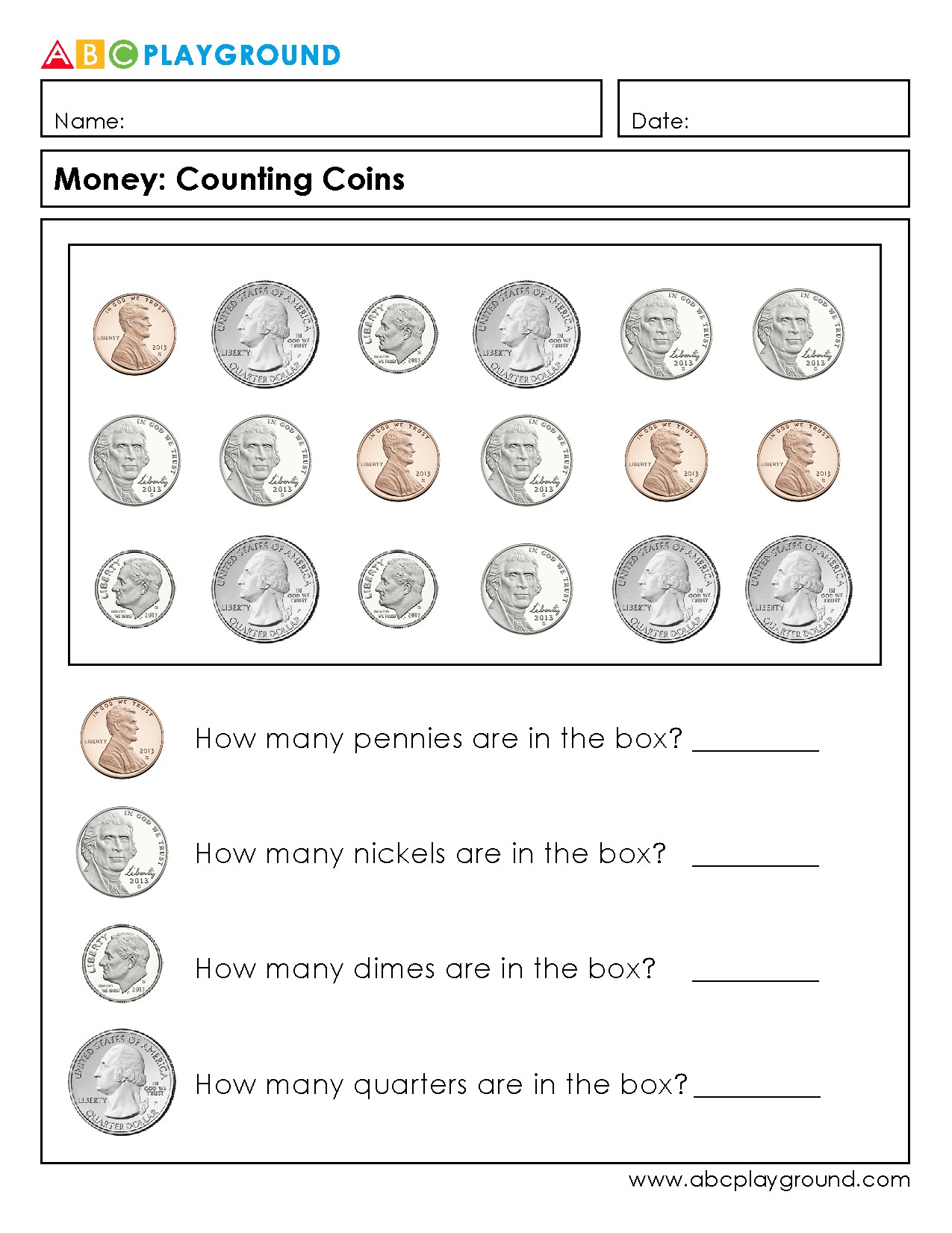 Counting and Identifying U.S. Coins Worksheet