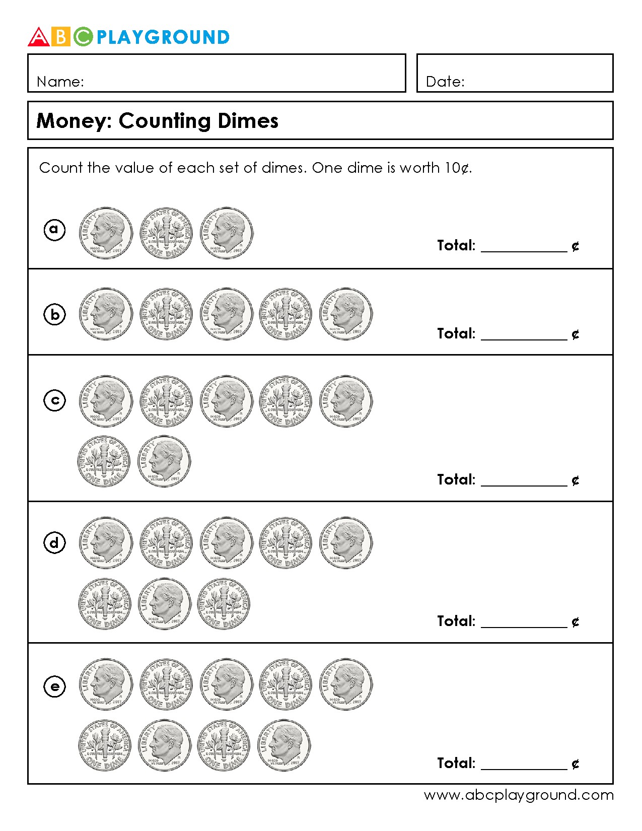 Counting the Value of Dimes Worksheet