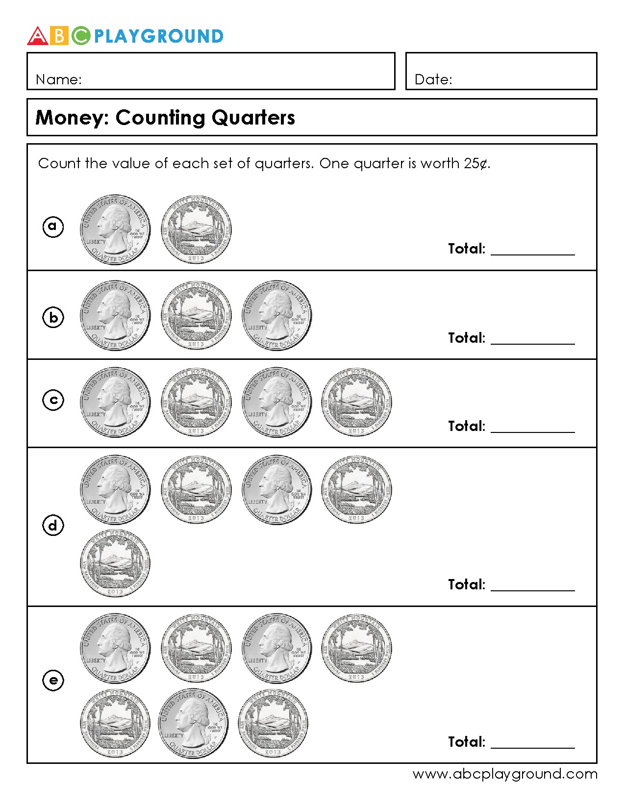 Counting Quarters Money Worksheet for Early Math Practice