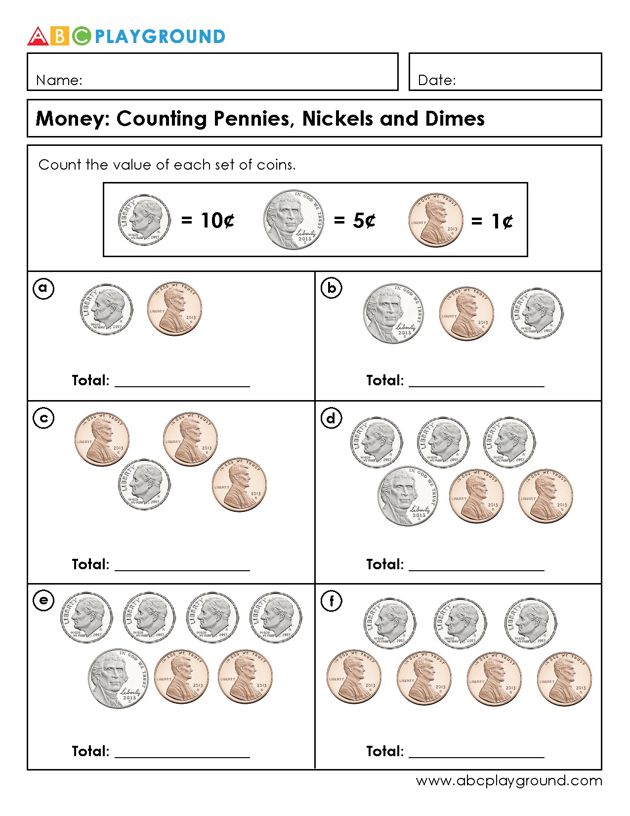 Counting Pennies, Nickels, and Dimes Worksheet