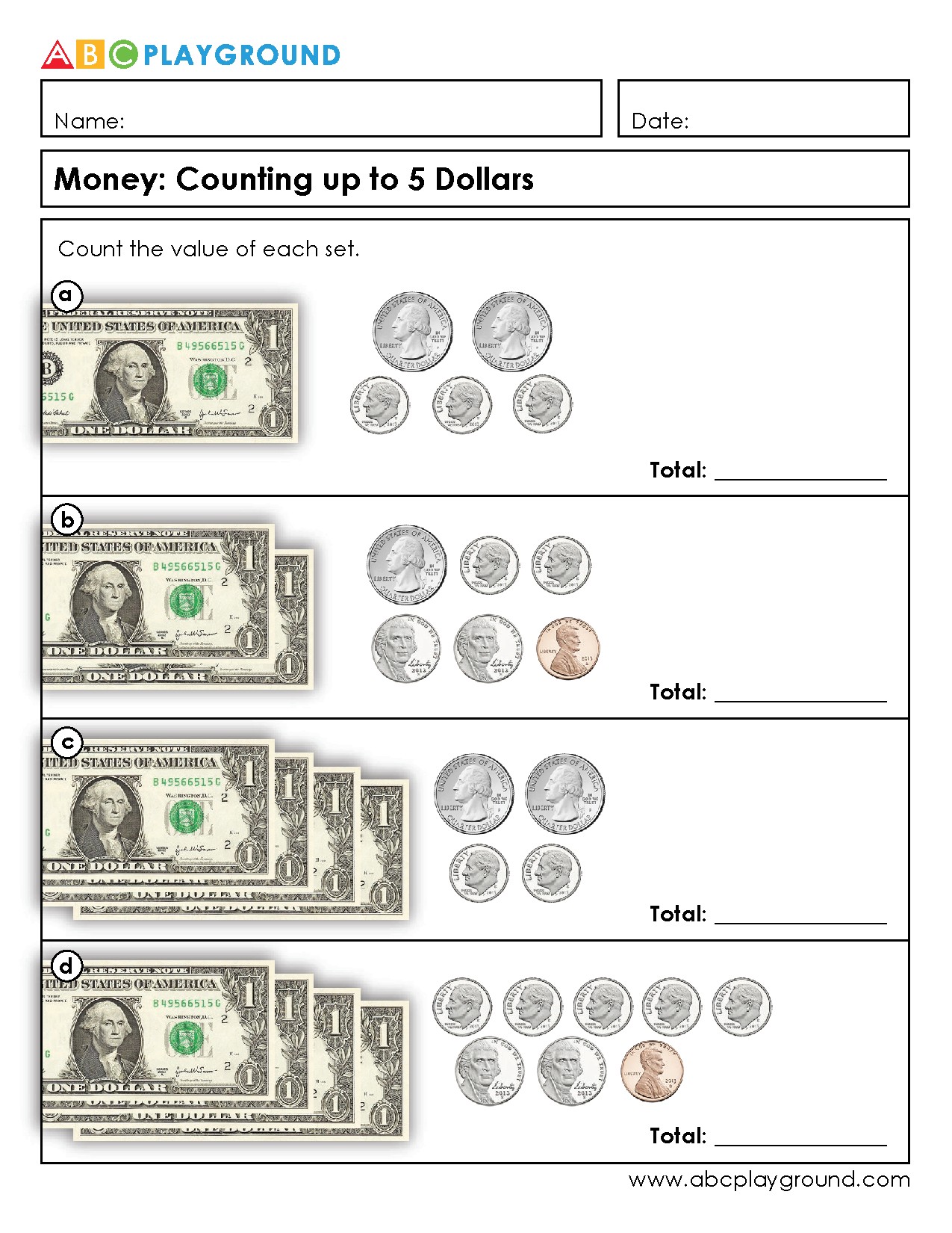 Counting Money Up to Five Dollars Worksheet