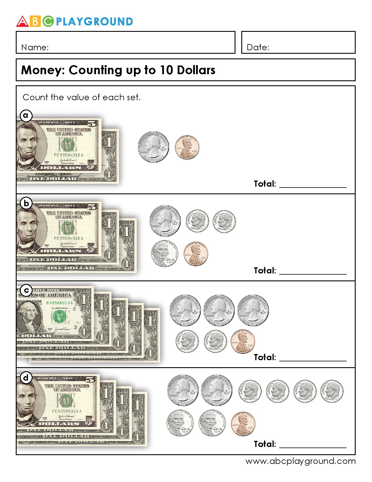 Counting Money: Adding Values Up to 10 Dollars