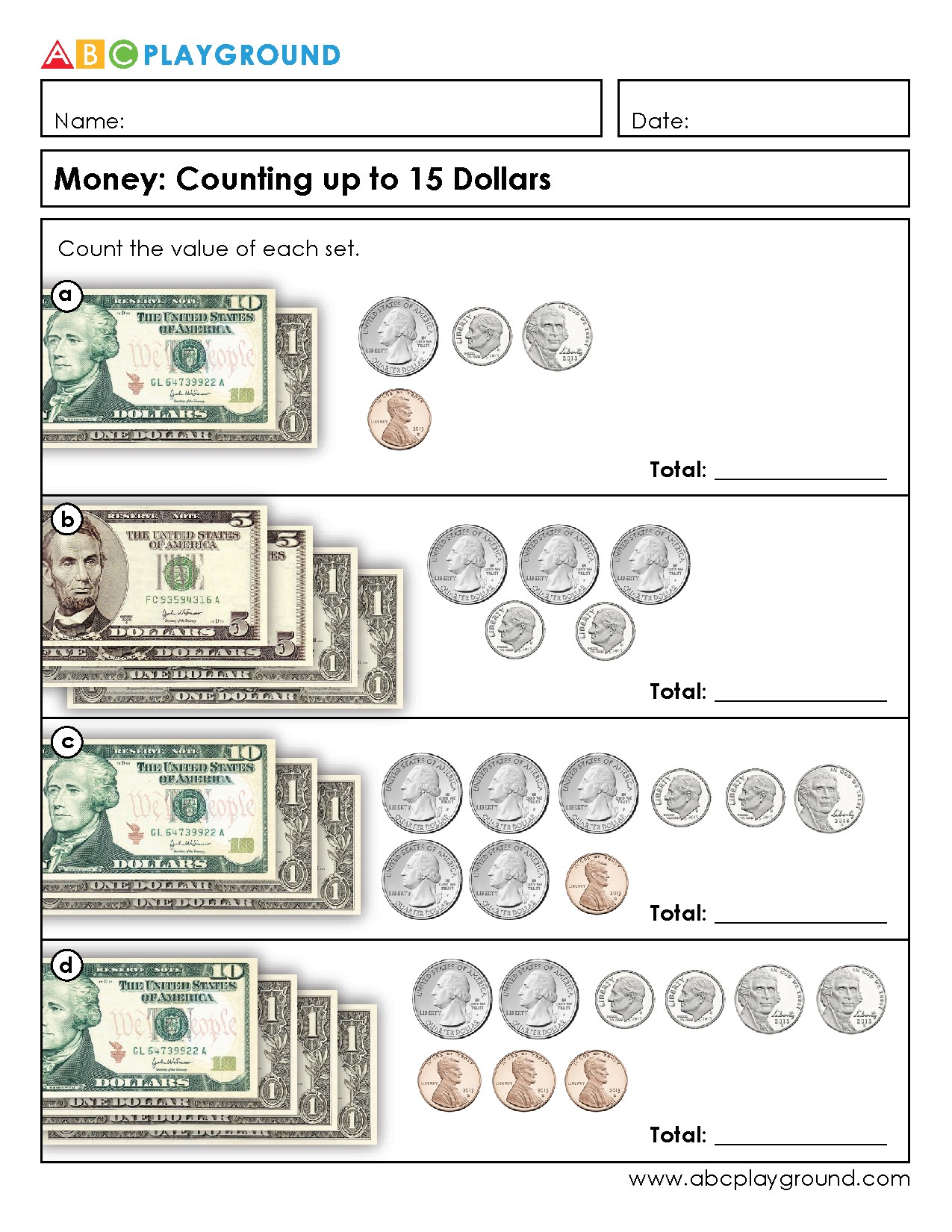Money Counting Practice: Add Up to 15 Dollars