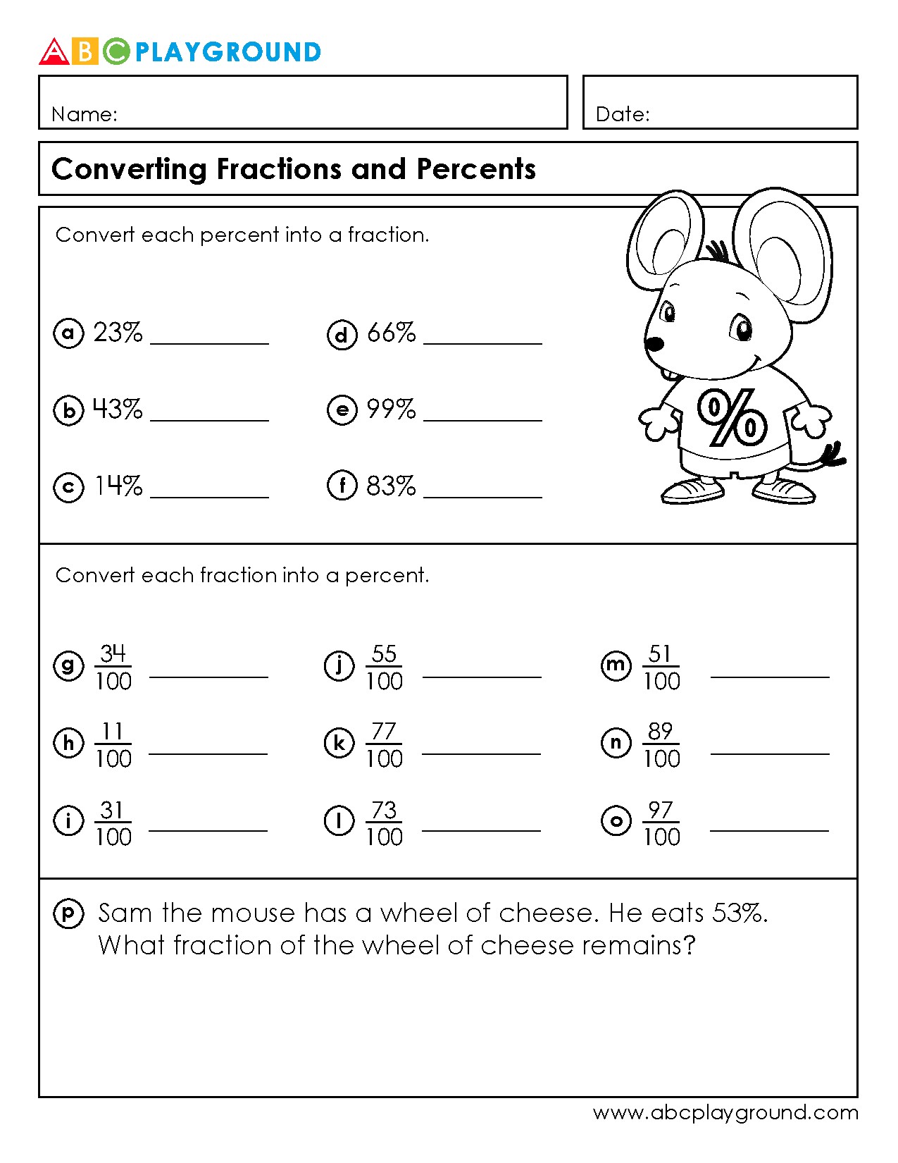 Converting Fractions and Percents Worksheet