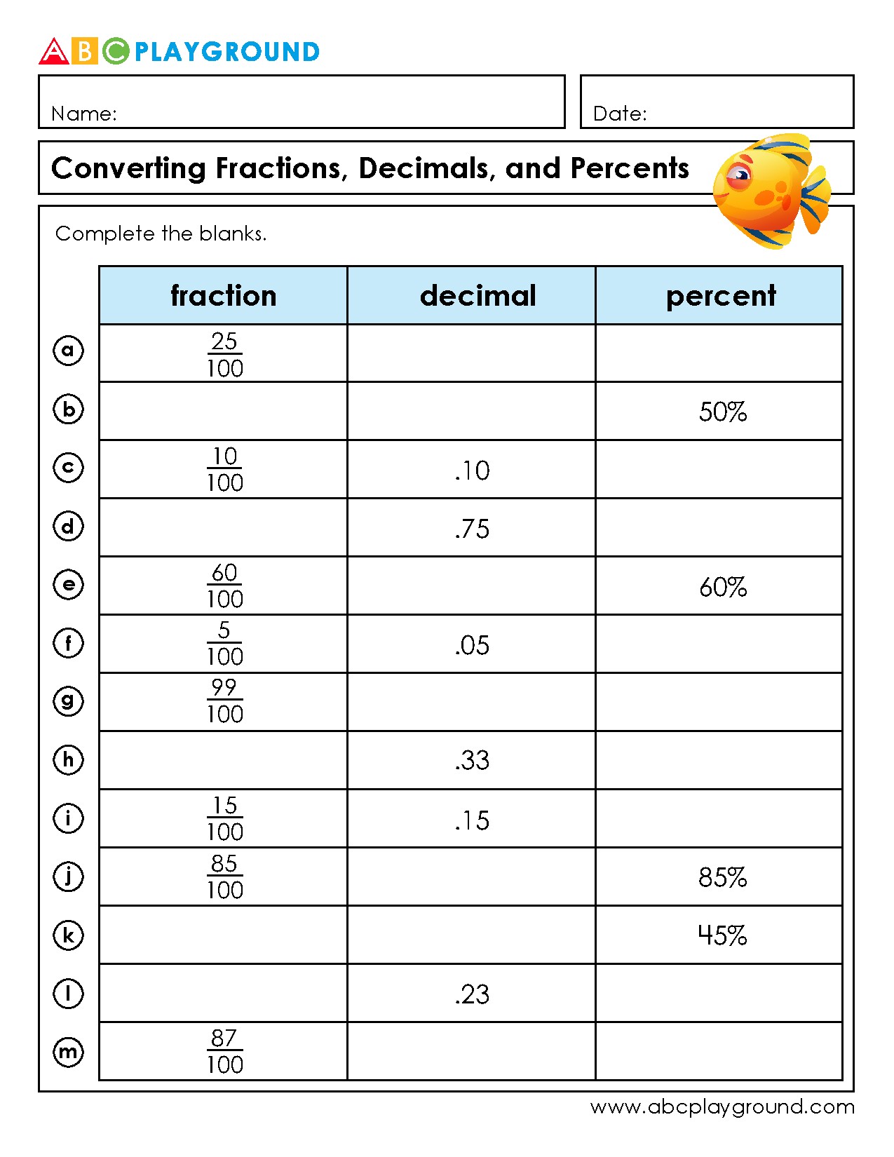 Convert Fractions, Decimals, and Percents Practice Worksheet