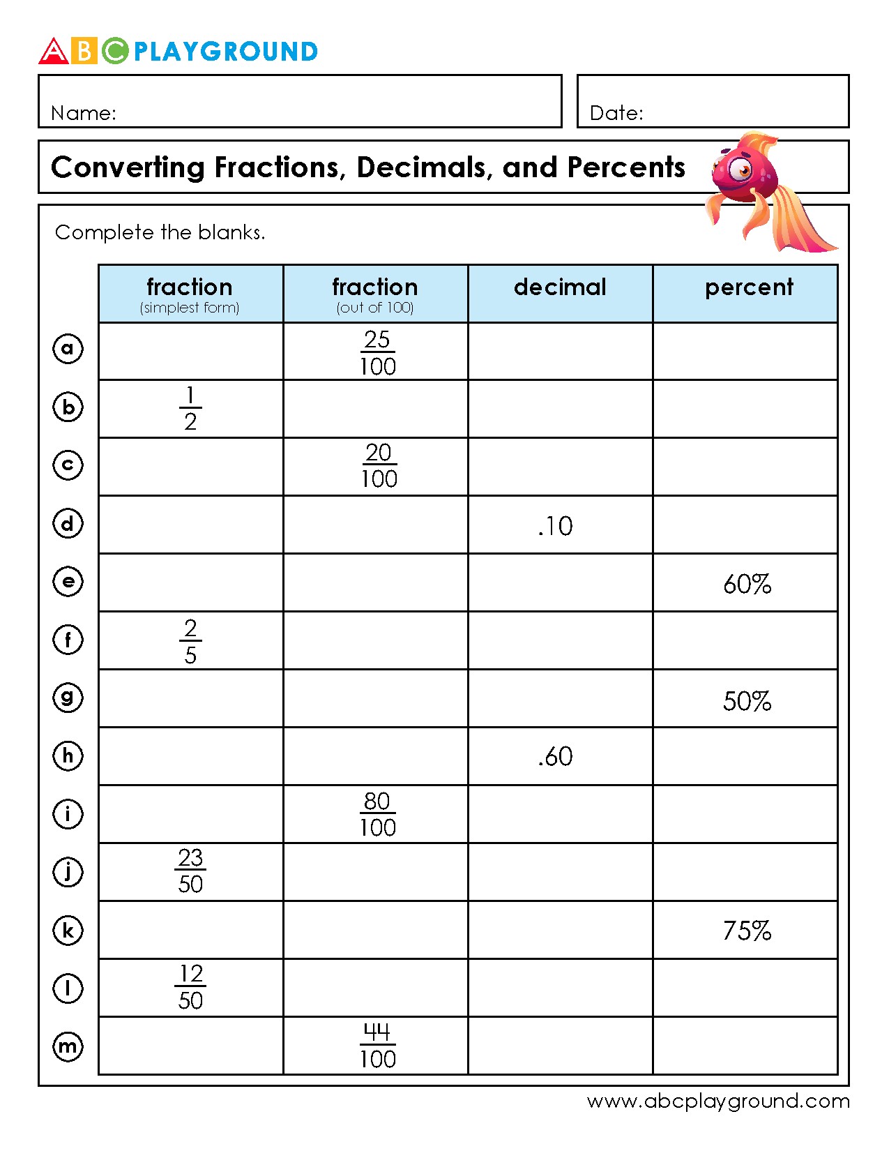 Convert Fractions, Decimals, and Percents Practice Worksheet